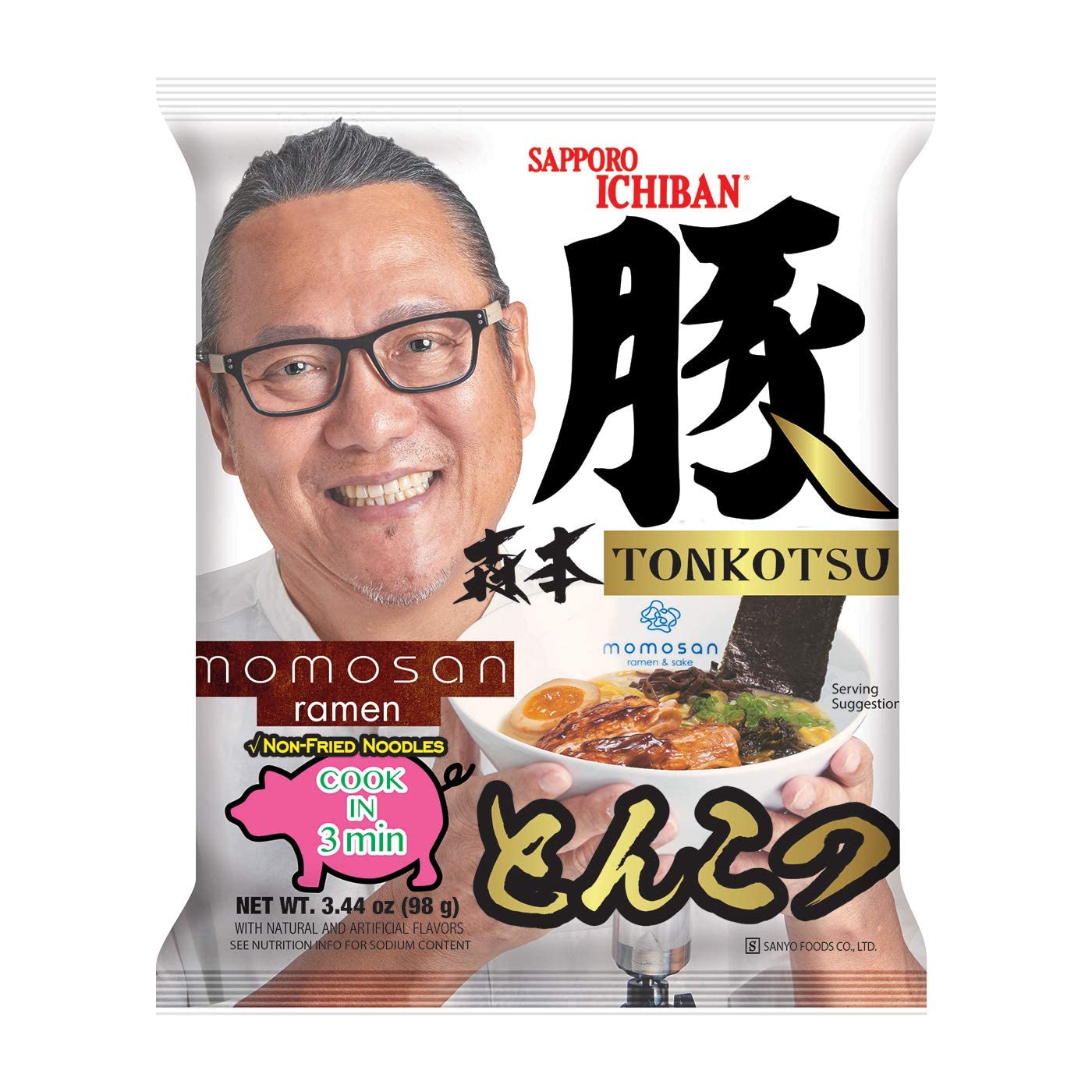 Sapporo Ichiban Momosan Ramen, 3.44 Ounce, Pack Of 30 (Tonkotsu Flavor)
