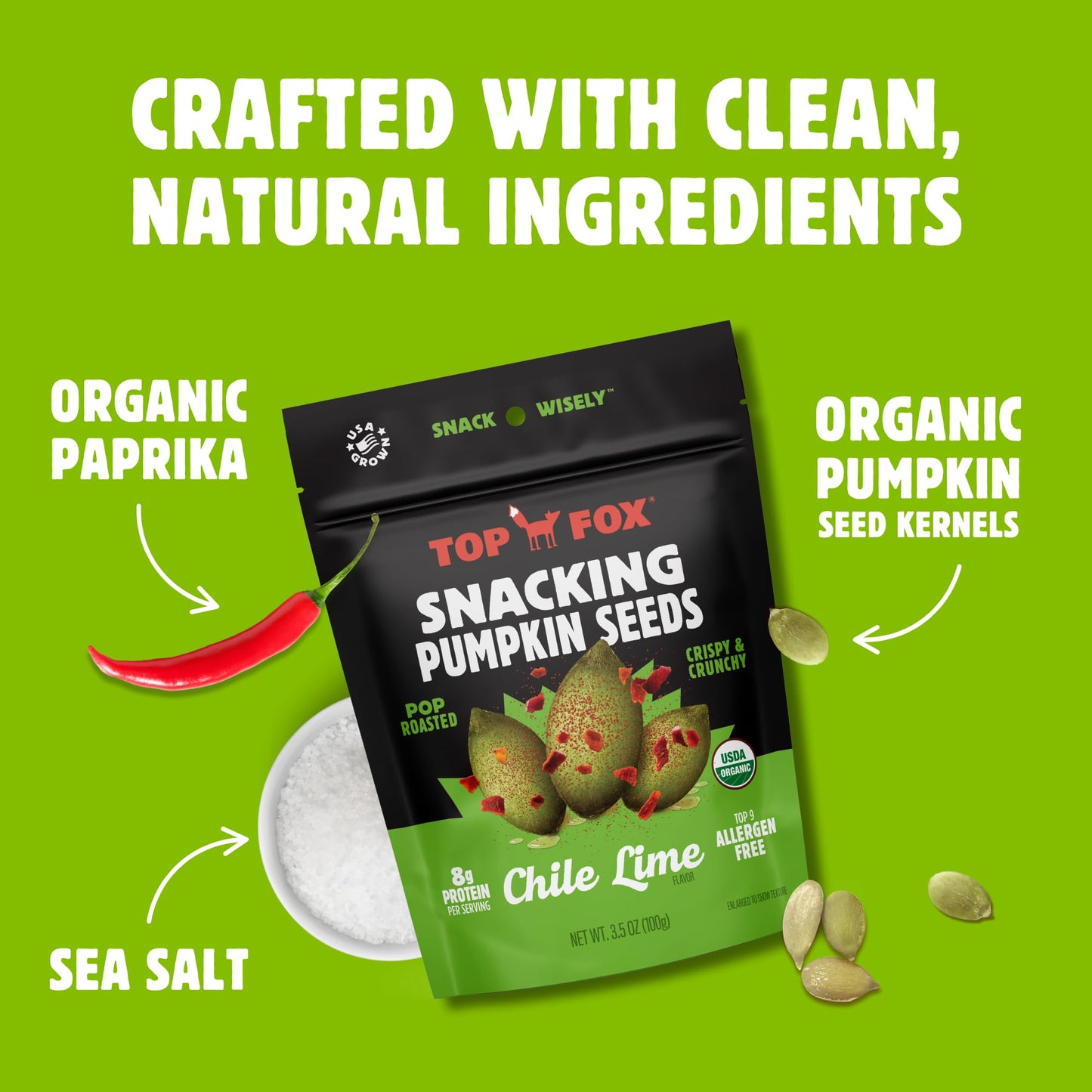 Top Fox Snacks - Organic Pop-Roasted Pumpkin Seeds | Healthy Protein Snacks - Gluten Free - Keto And Vegan Friendly (Chile Lime, 3.5 Oz - 6 Pack)