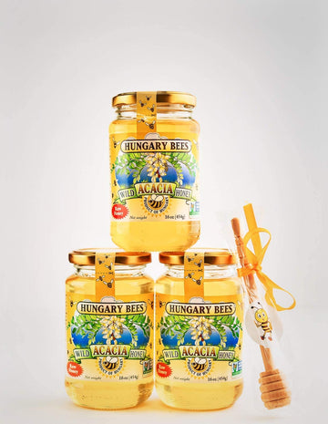 Hungary Bees 100 Percent Pure Raw Organic Wild Acacia Honey 16 Ounce- 3 Pack Includes Honey Dipper Stick
