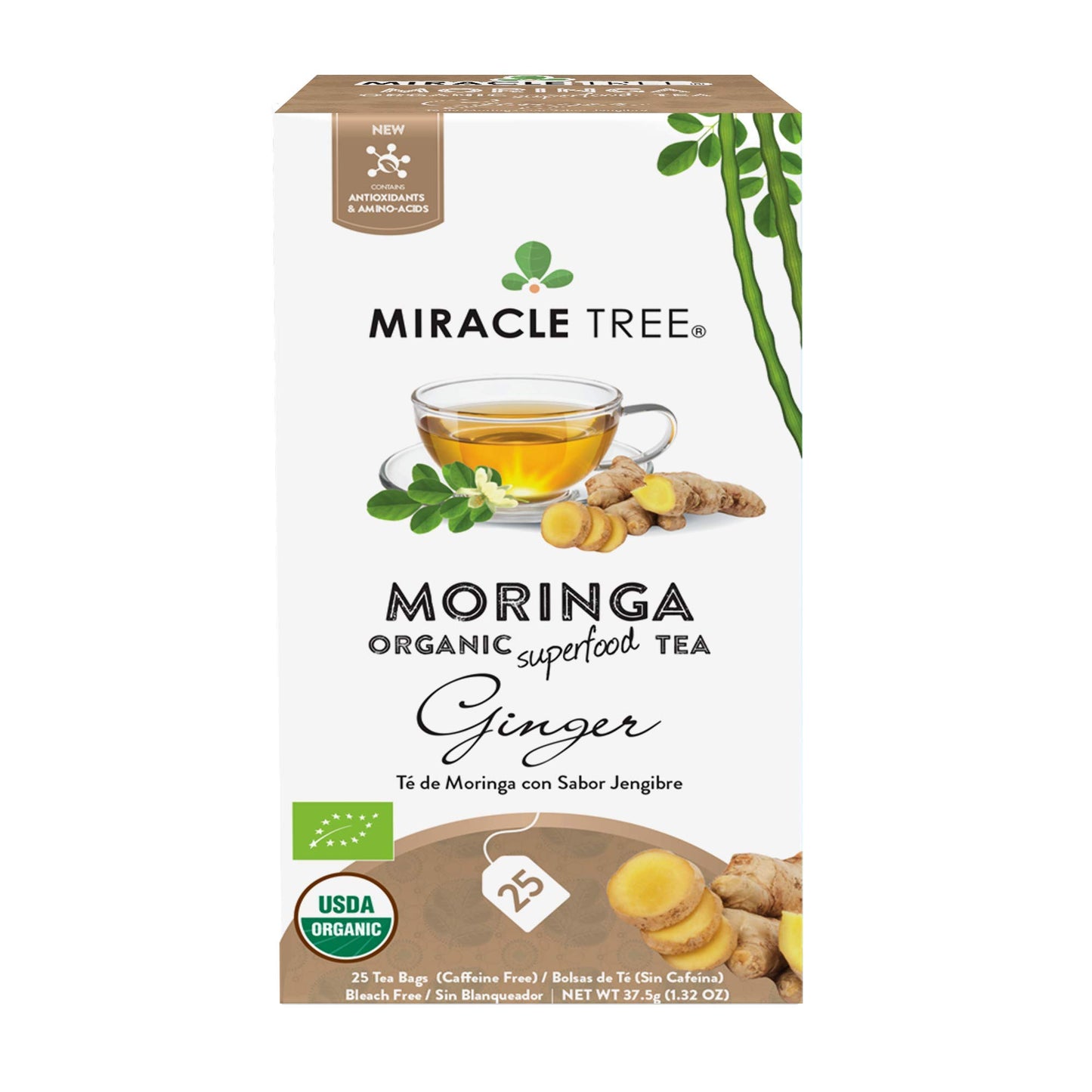 Tree Organic Moringa Superfood Tea, Ginger, 25 Individually Sealed Bags, Caffeine-Free, Vegan, Gluten-Free, Non-GMO