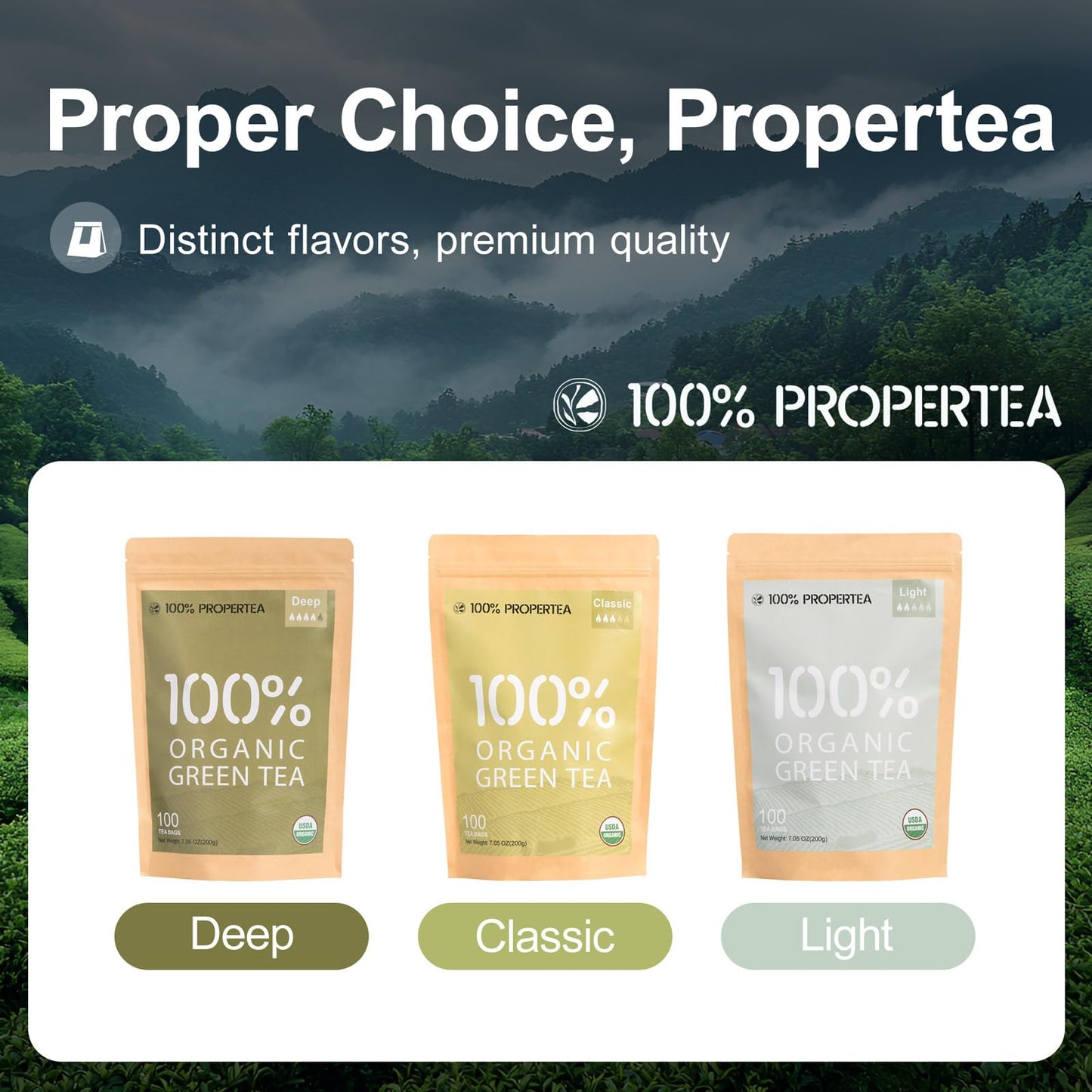 100% Propertea Organic Green Tea Bags, 100 Count Eco-Friendly Tea Bags, Classic Taste, Caffeinated, Rich In Antioxidants, Resealable Pouch