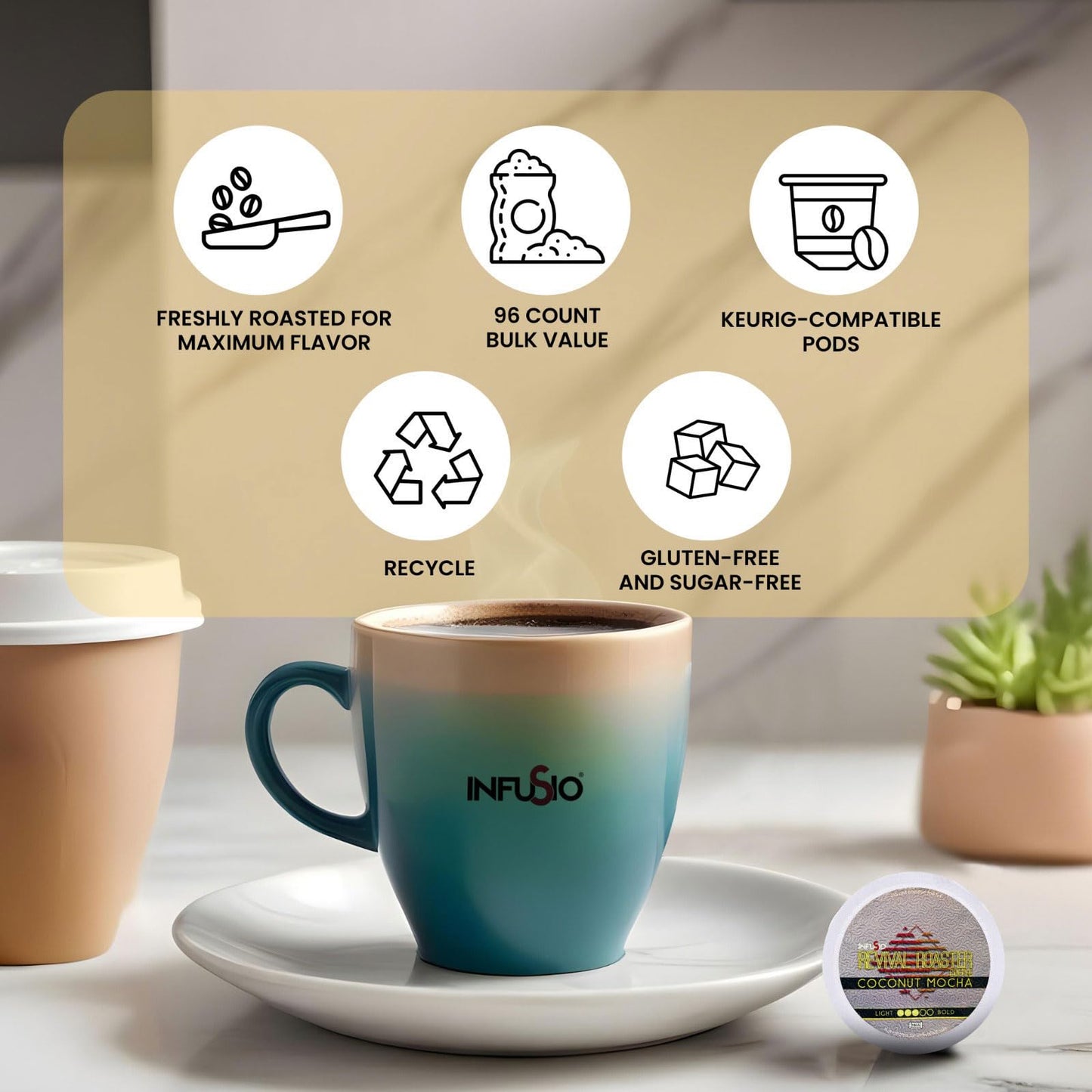 InfuSio Coffee Pods - Coconut Mocha Medium Roast, 96 Count, Compatible with Keurig K Cups