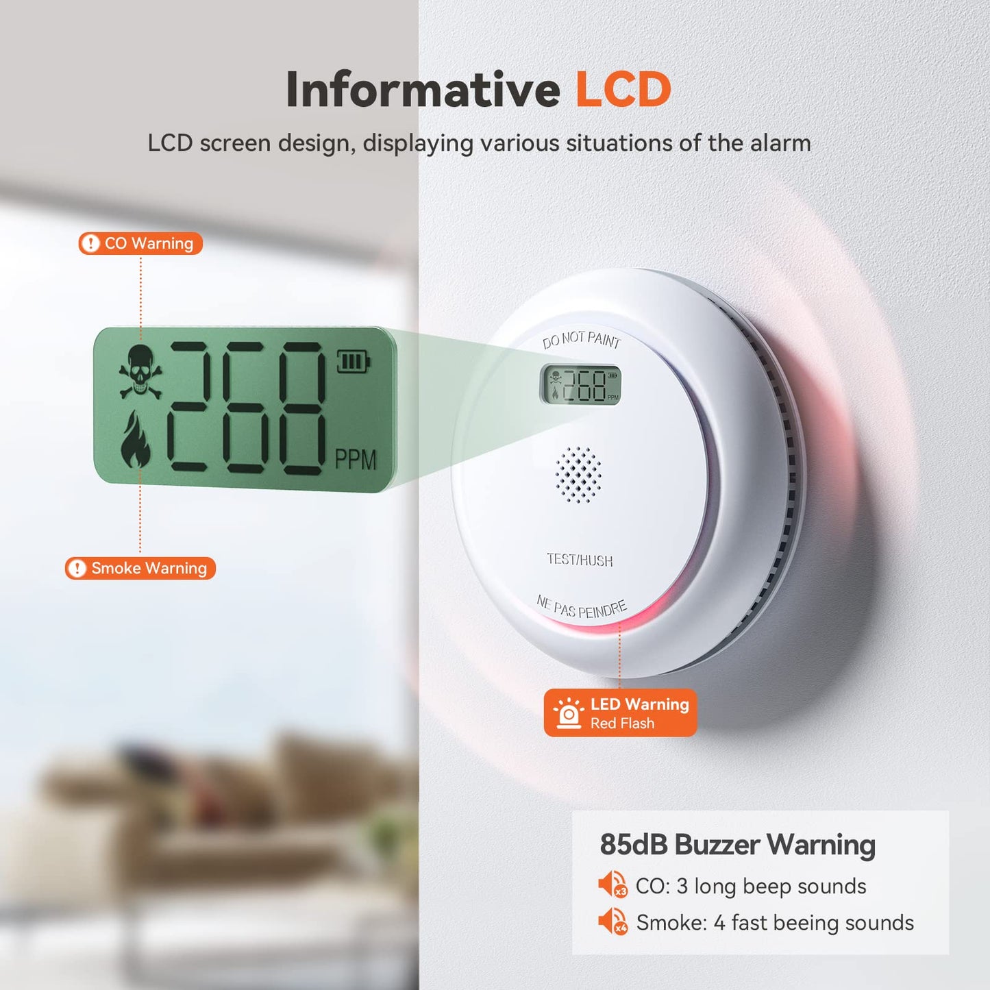 Jemay Combination Smoke And Carbon Monoxide Detector, Battery Operated Smoke Detector Carbon Monoxide Detector Combo With 10-Yea