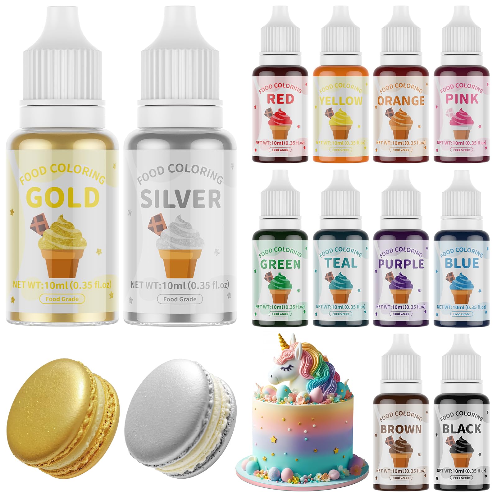 12 Food Coloring Set,10 Colors Vibrant Food Dye & 2 Edible Metallic Gold Paint Food Grade Tasteless Liquid Baking Food Coloring 