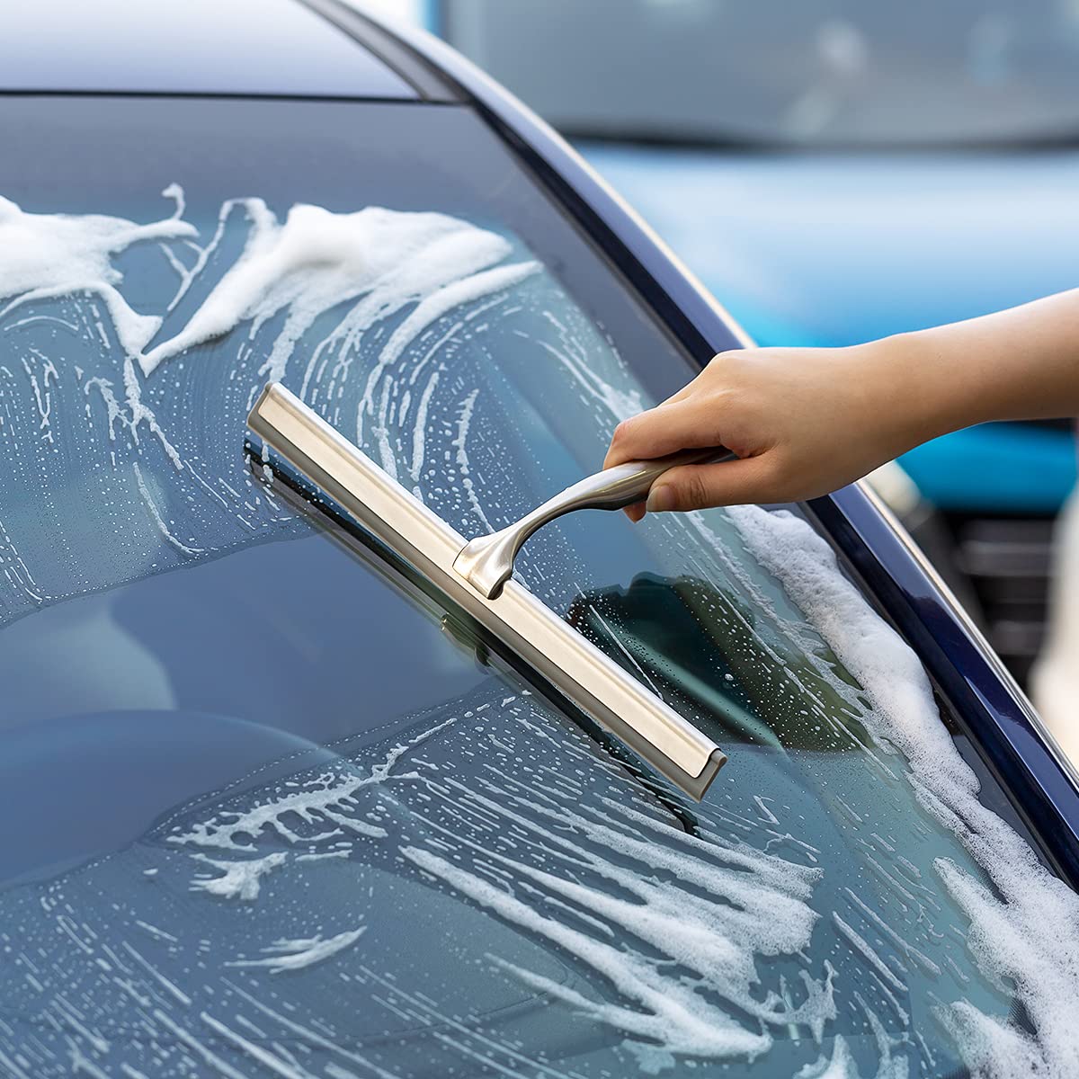 Ettori Shower Squeegee Clear Glass Wall Cleaner Stainless Steel With Suction Storage Hook -10'', Chrome