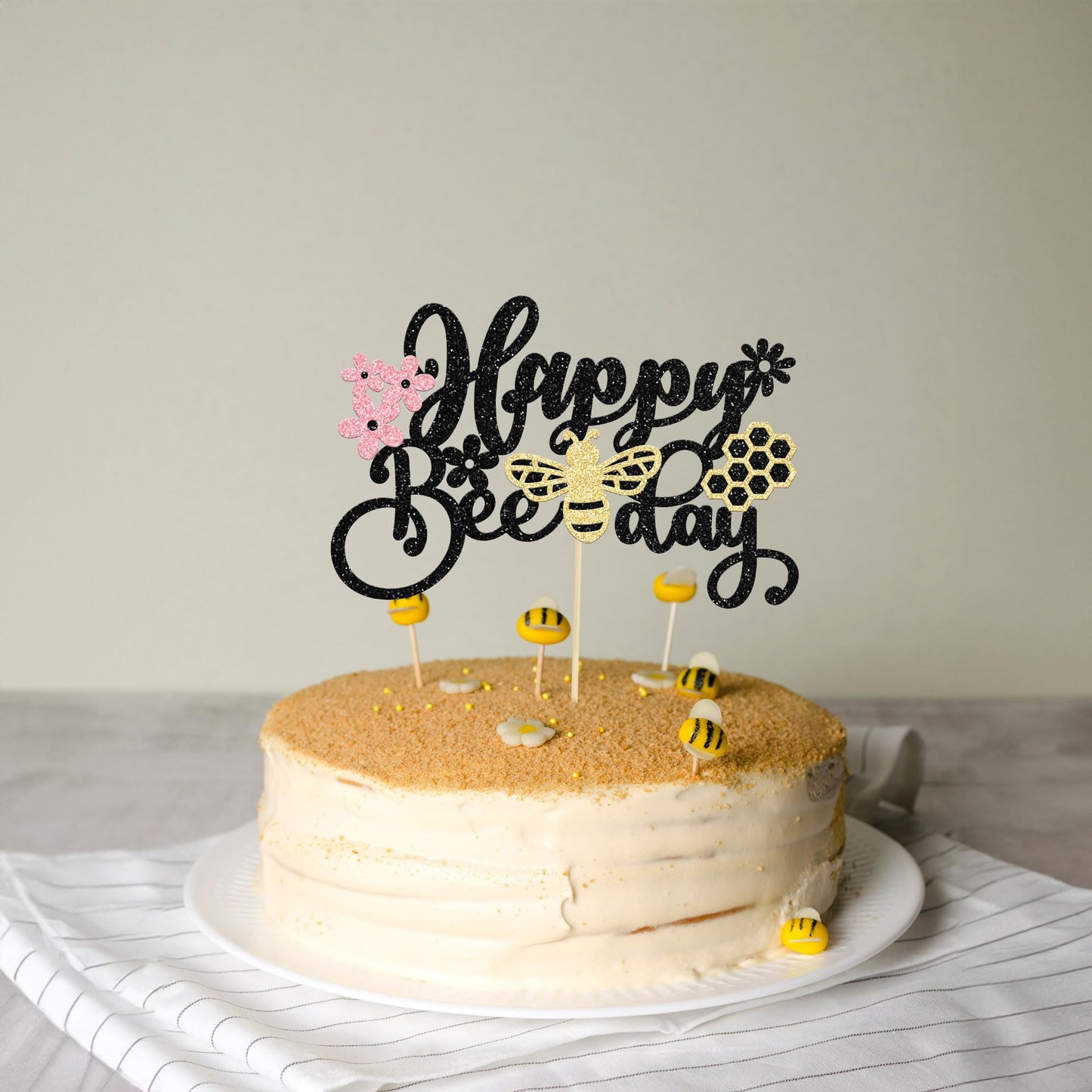 1 Pack Happy Bee Day Cake Topper Glitter Bumble Bee Theme Cake Pick Decorations For Baby Shower Kids Birthday Party Supplies Bla