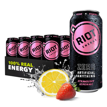 RIOT Clean Energy Drink, Strawberry Lemonade, Zero Artificial Anything, No Sucralose, Made with Real Fruit, No Sugar Added, Ener