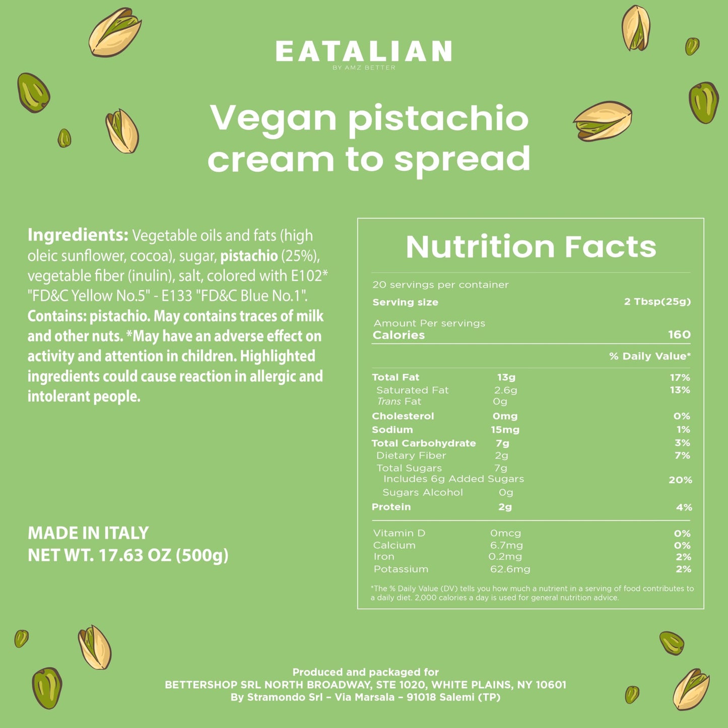 Eatalian By Amz Better Vegan Pistachio Cream, 17.63 Oz/ 500 Gr, Delicious Vegan Spread With A Uniquely Sweet Taste, Ideal On Bre