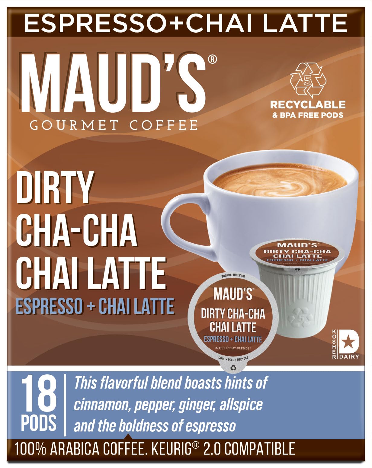 MAUDS Espresso Chai Tea Latte Pods - 18 Count Recyclable Single Serve Tea Pods Compatible with Keurig K Cups