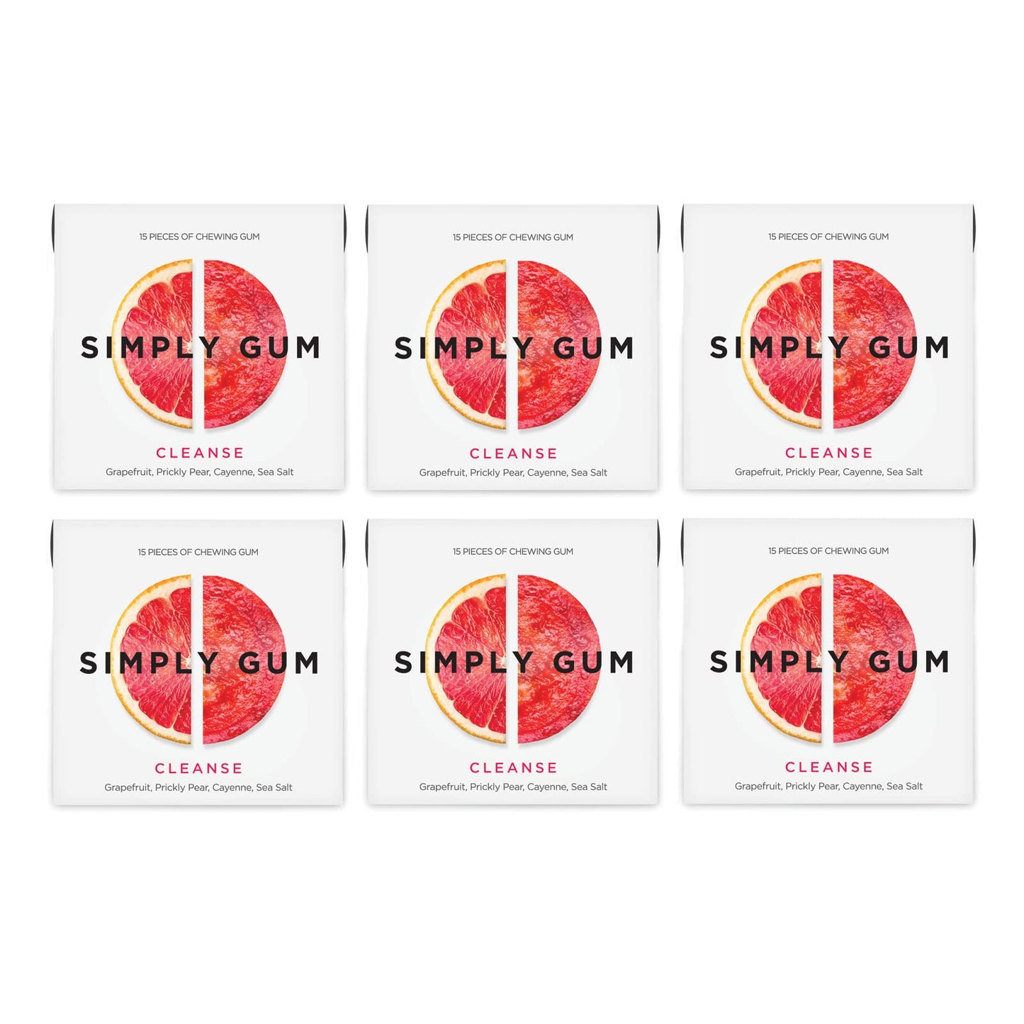 SIMPLY Gum Cleanse (Grapefruit and Prickly Pear), Plastic-Free Natural Chewing Gum, 6 Pack (90 Pieces) | Vegan, Kosher, Non GMO,