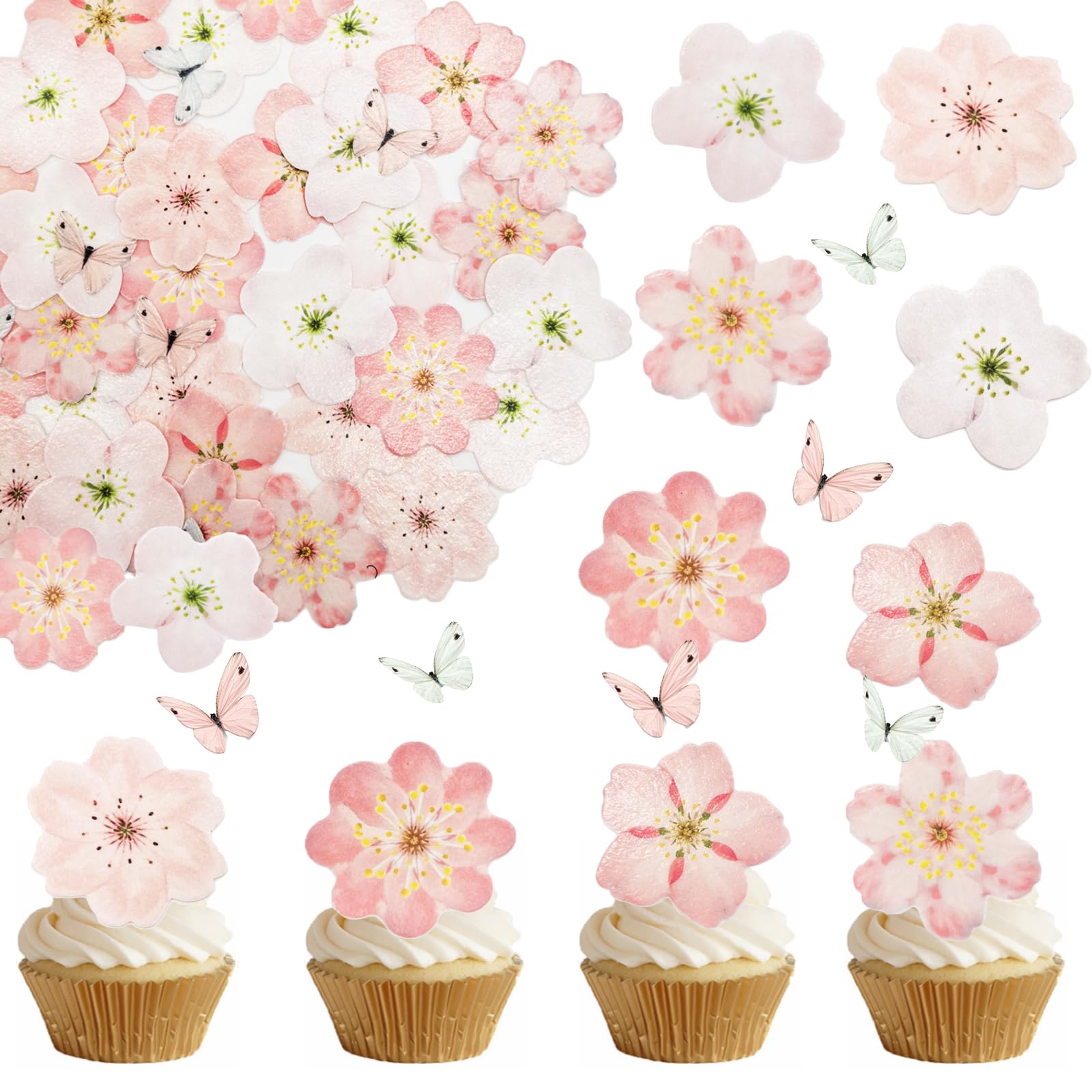 58 PCS Edible Cherry Blossoms Butterfly Cupcake Toppers Flowers Cake Decorations Wafer Paper Flowers Cupcake Topper for Baby Sho