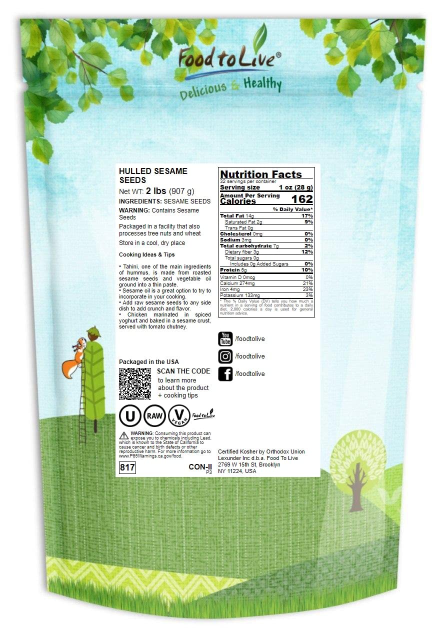 Hulled Sesame Seeds, 2 Pounds — Non-Gmo Verified, Whole Raw White Sesame Seeds, Kosher And Vegan, Unroasted, Bulk Sesame. High In Magnesium, Iron, And Calcium. Perfect For Tahini Paste