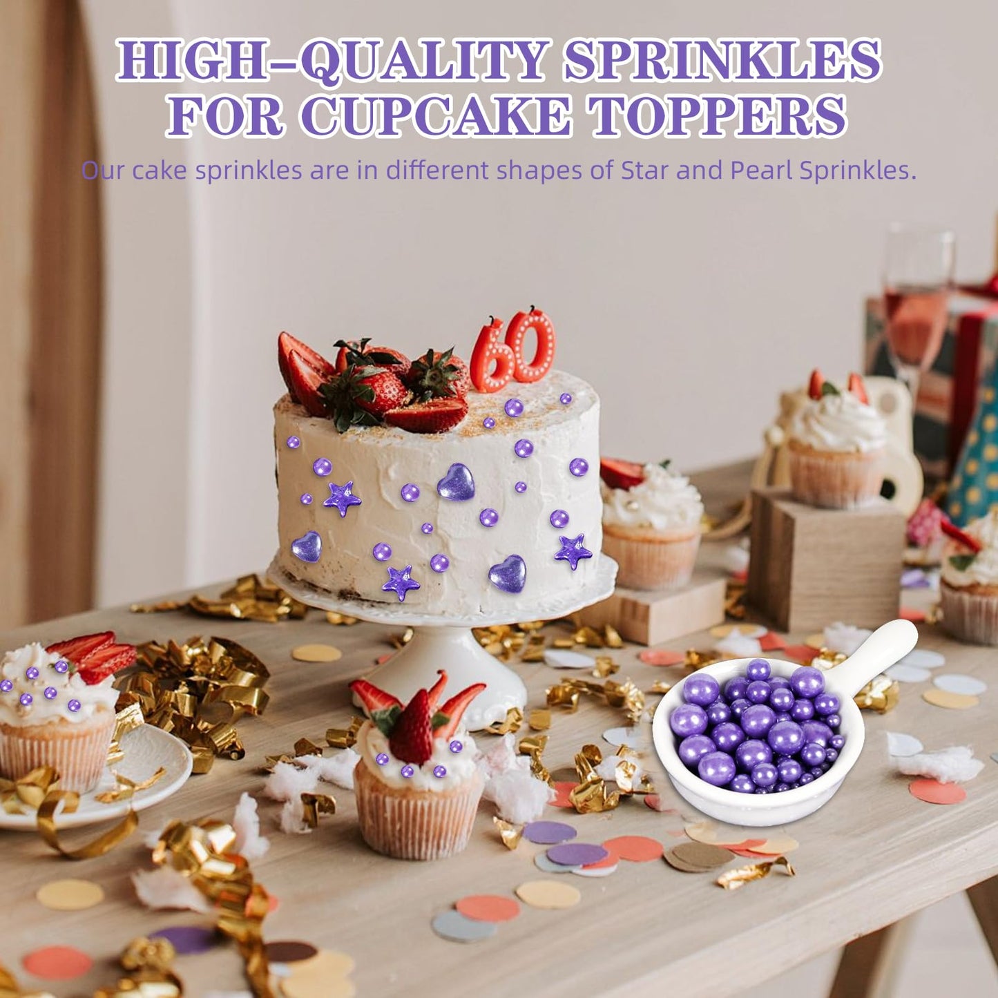Kasvan Edible Pearl Sugar Sprinkles, Purple Sprinkles For Cake Decorating, 230G/8.1Oz, Ice Cream Toppings And Cookie Decorating,