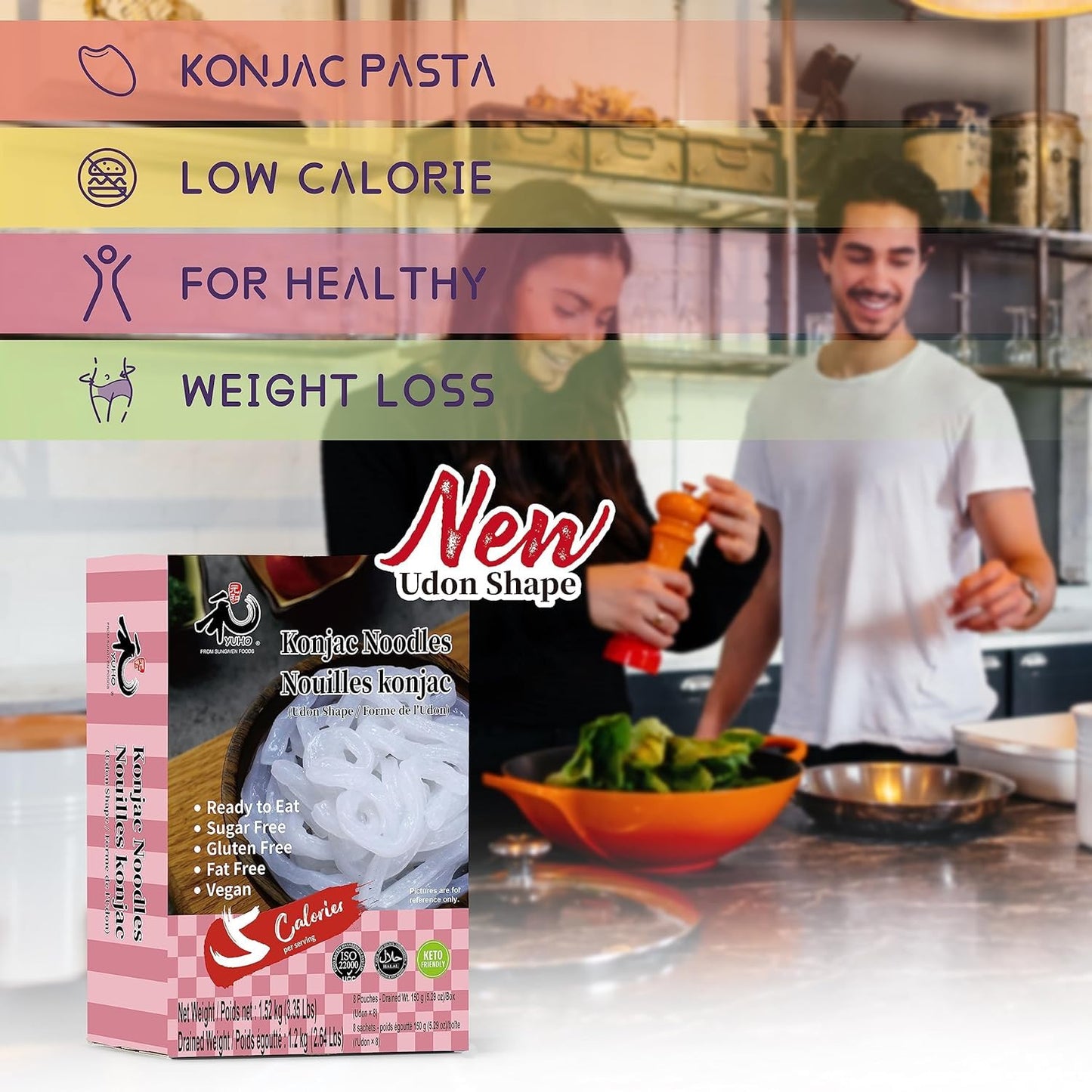 Yuho Shirataki Udon Noodles 8 Pack, Low-Calorie Udon, Gluten Free, Fat-Free, Keto Friendly, Low Carbs 1520G