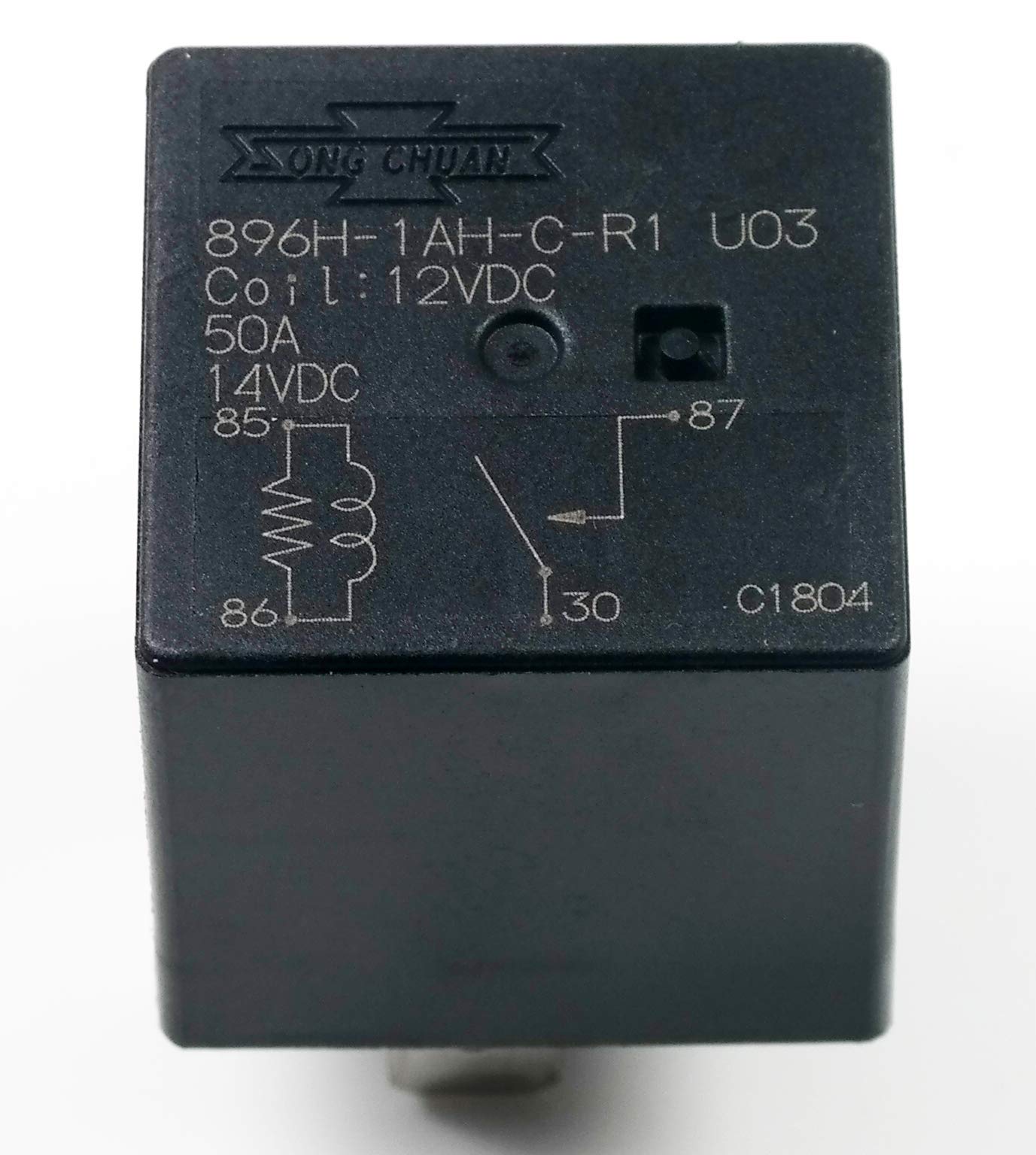 Song Chuan 12VDC, 896H-1AH-C-R1-U03 Mini High Power SPST 50A Relay, flux tight w/Resistor