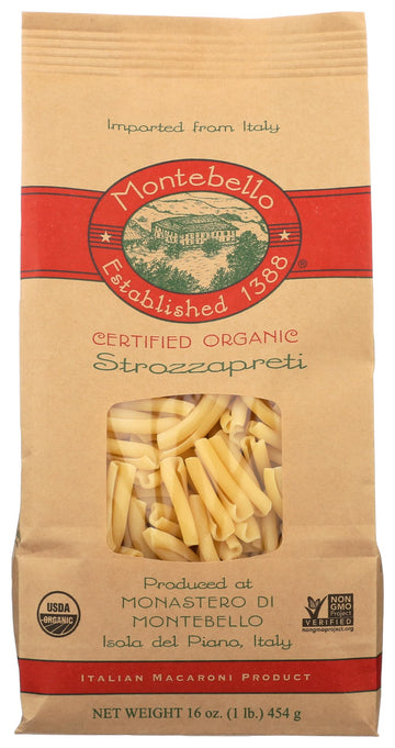 MONTEBELLO Organic Strozzapreti Pasta, 16 OZ, Non-GMO, Made in Italy