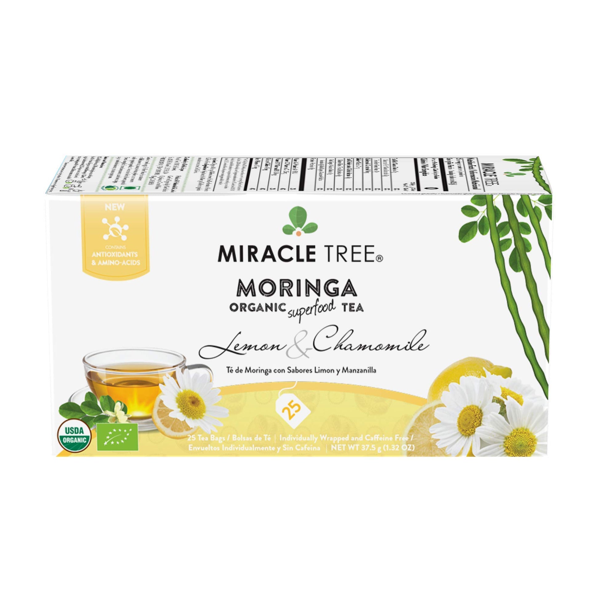 Miracle Tree Organic Moringa Superfood Tea, Lemon Chamomile, 25 Individually Sealed Bags, Vegan, Gluten-Free, Caffeine-Free