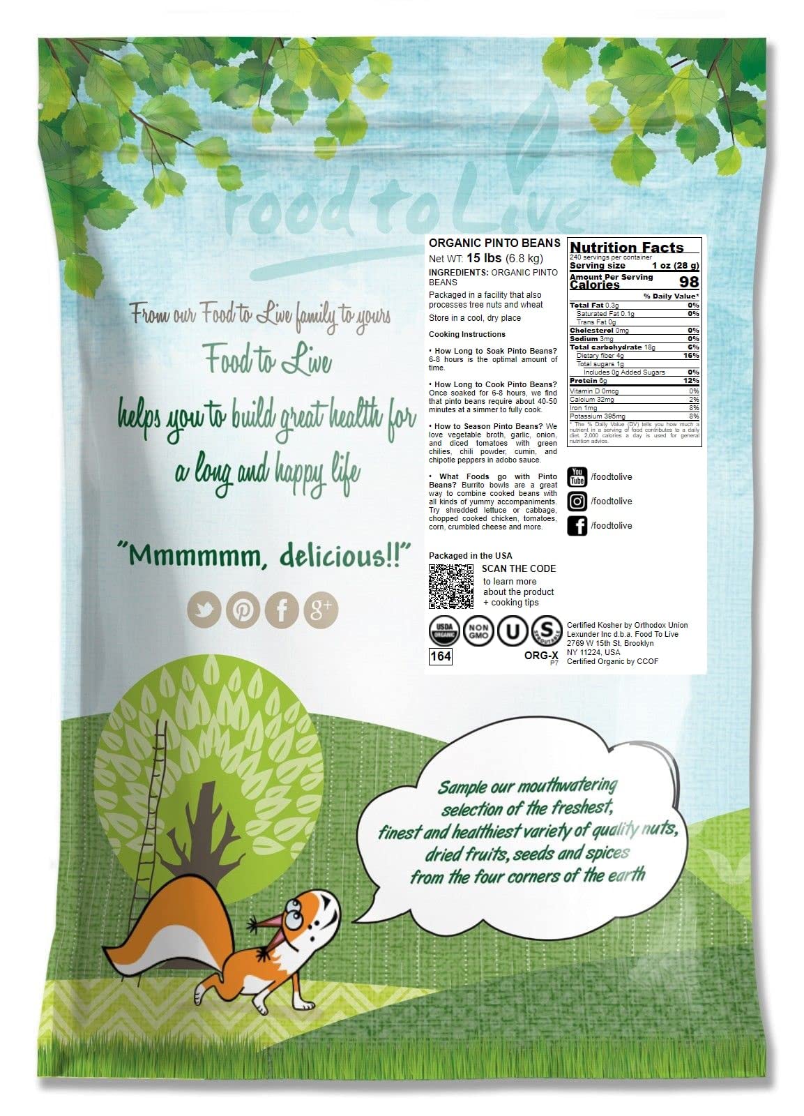 Food To Live Organic Pinto Beans, 15 Pounds Non-Gmo, Frijioles Pintos, Whole Dried Beans, Sproutable, Vegan, Kosher, Bulk. High In Iron, Potassium, Fiber, Protein. For Stews, Burritos, Tacos, Chili.