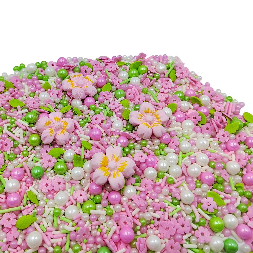 Eastron Pink Flowers Sprinkles Edible Flowers for Cake Decorating White Pink Sugar Pearls Spring Confetti Sprinkles for Cupcakes