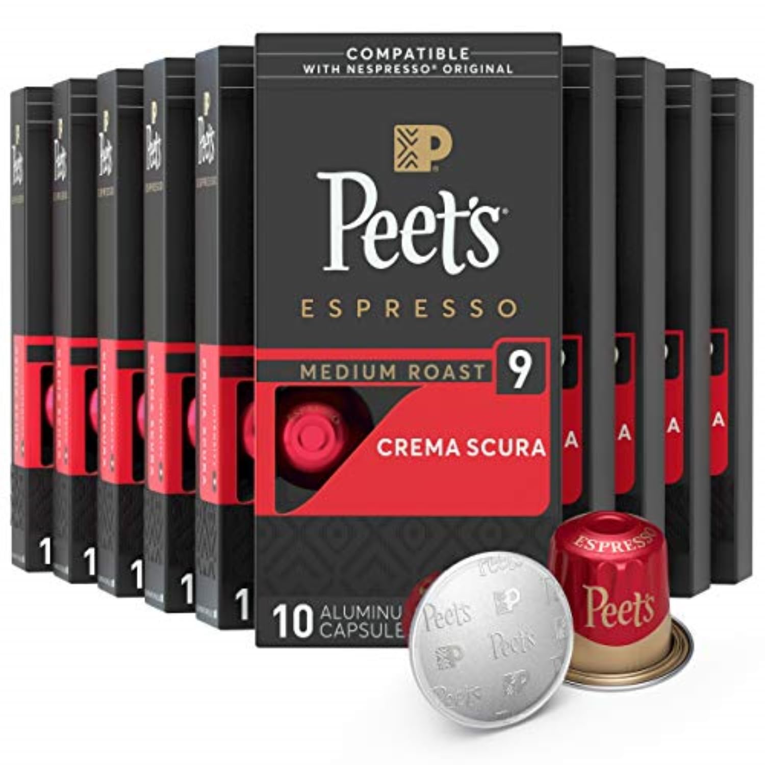 Peets Coffee Medium Roast Espresso Pods, Crema Scura, 100 Count (10 Boxes of 10 Capsules), Red, Model 513527