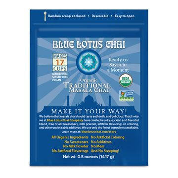 Blue Lotus Chai Tea - Fully Organic Traditional Masala Chai - Makes 17 Cups - 0.5 Ounce Masala Spiced Chai Powder With Organic S