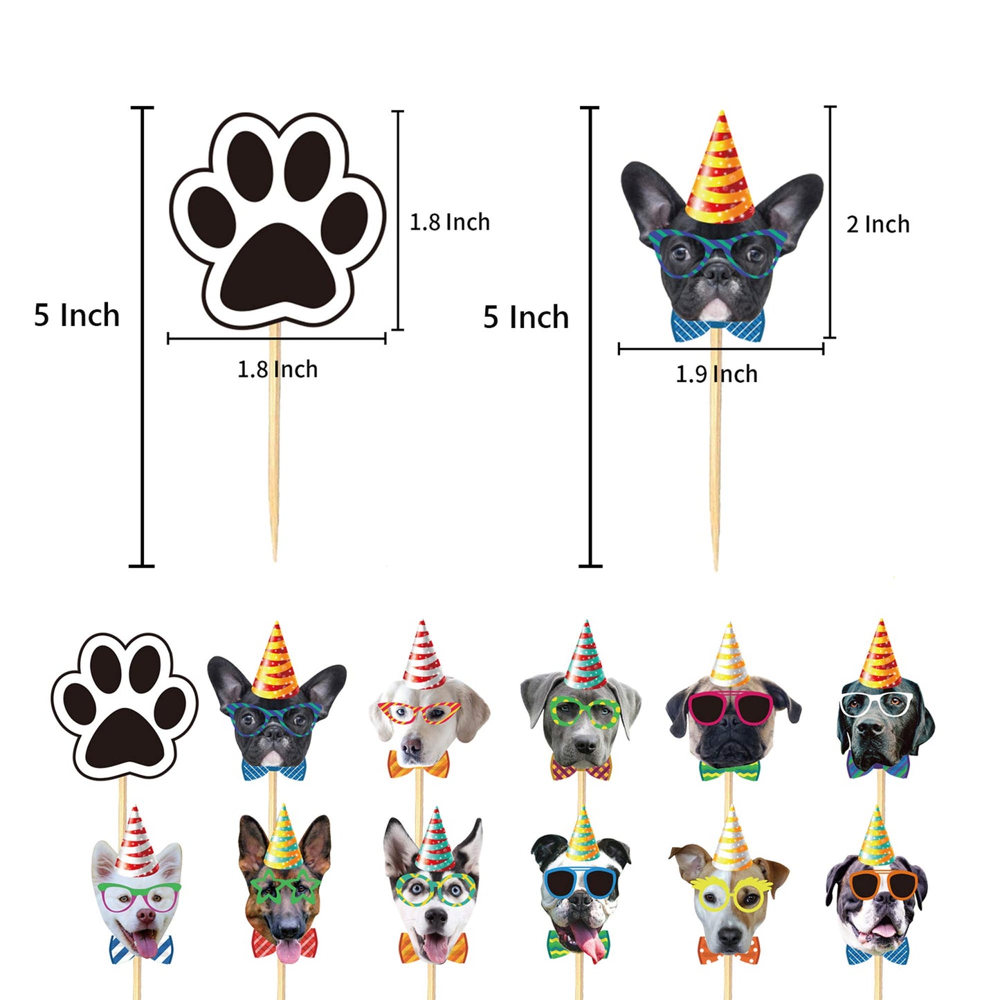 TSJ Dog Cupcake Toppers, 24PCS Paper Puppy Theme Birthday Decorations, Dog Toppers, Model CT-D