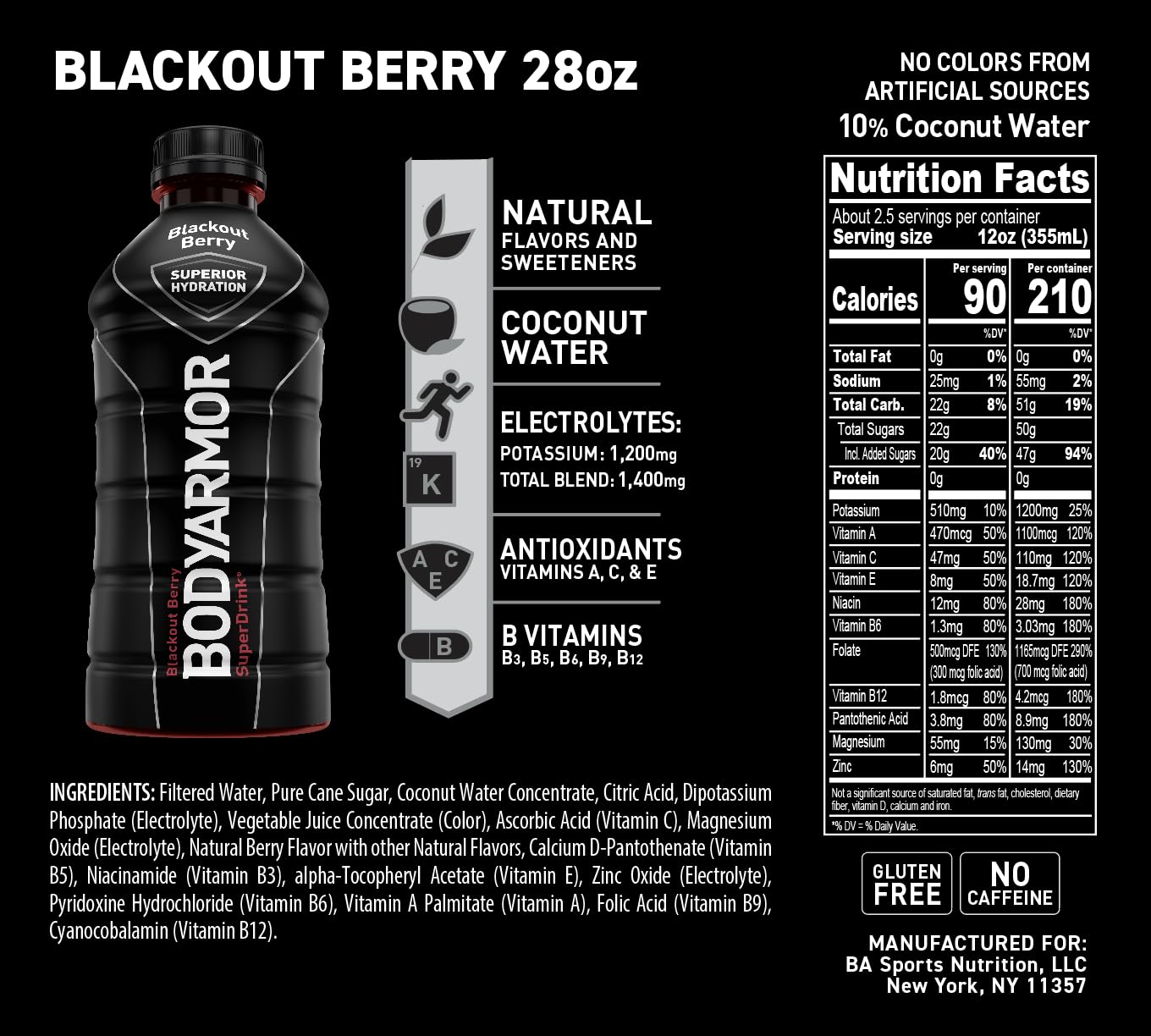 Bodyarmor Sports Drink Sports Beverage, Blackout Berry, Coconut Water Hydration, Natural Flavors With Vitamins, Potassium-Packed