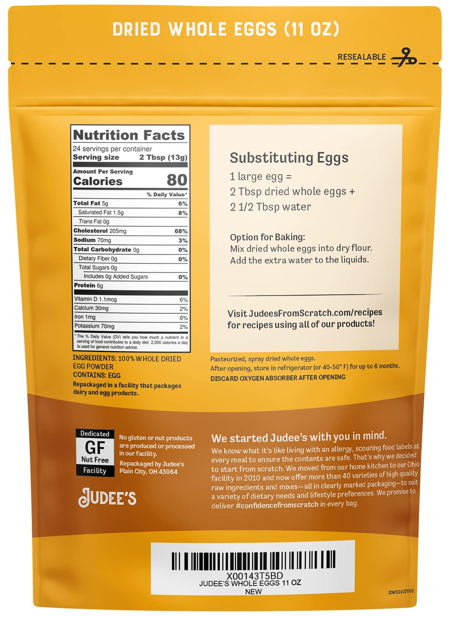 Judee s Gluten Free Dried Whole Egg Powder - Versatile Baking with Egg Powder - Camping & Backpacking with Protein Mix - Long-T