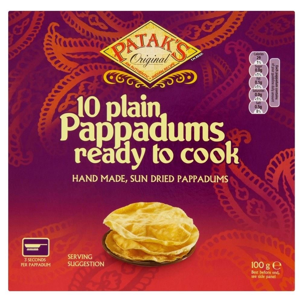 Pataks Plain Ready to Cook Pappadums (10 per pack - 100g) - Pack of 2