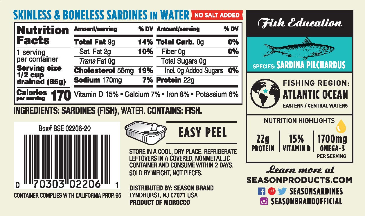 Season Skinless and Boneless Sardines in Water 4.25 Ounce (Pack of 6)