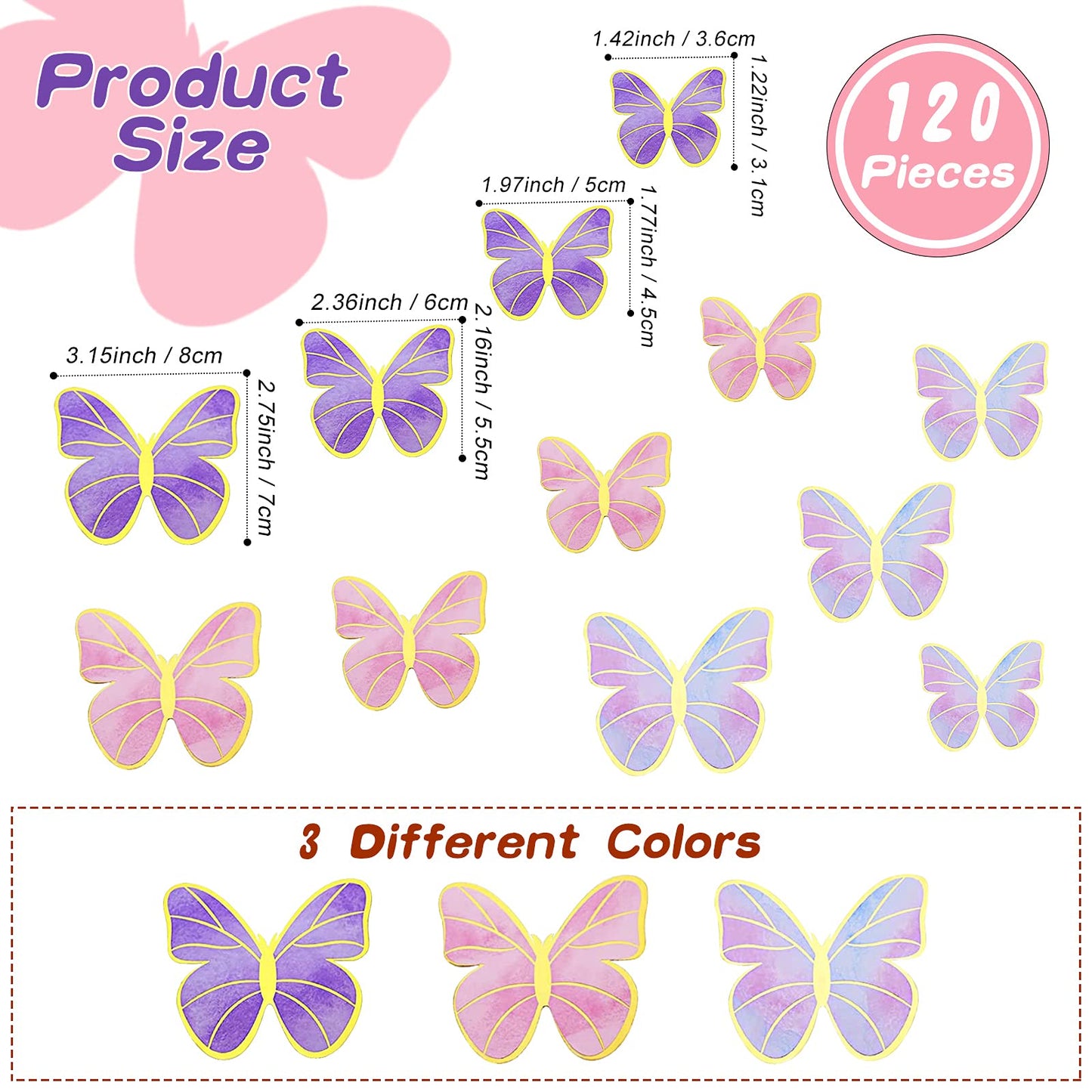Outus Butterfly Cake Topper Set, 120 Pieces, 3D Decorations for Birthday, Wedding, Party - Purple, Pink, Gold