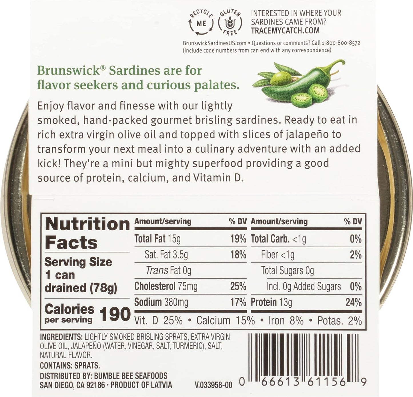 Brunswick Gourmet Brisling Sardines in Olive Oil with Jalapeño, 4.23 oz - Wild Caught, 13g Protein, Gluten Free, Keto Friendly