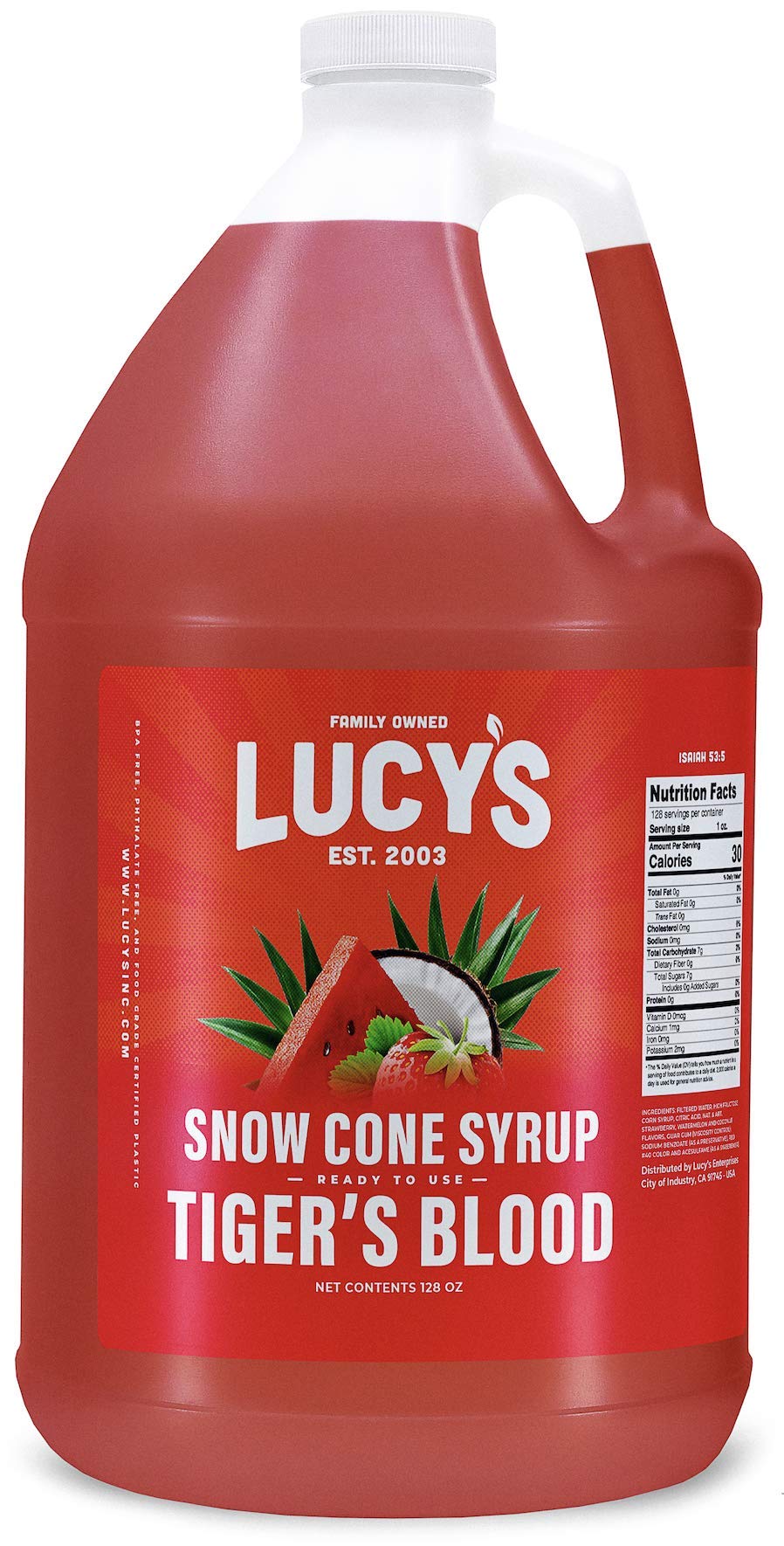 Lucy s Family Owned - Shaved Ice Snow Cone Syrup - 1 Gallon (128oz.) (Tiger s Blood)