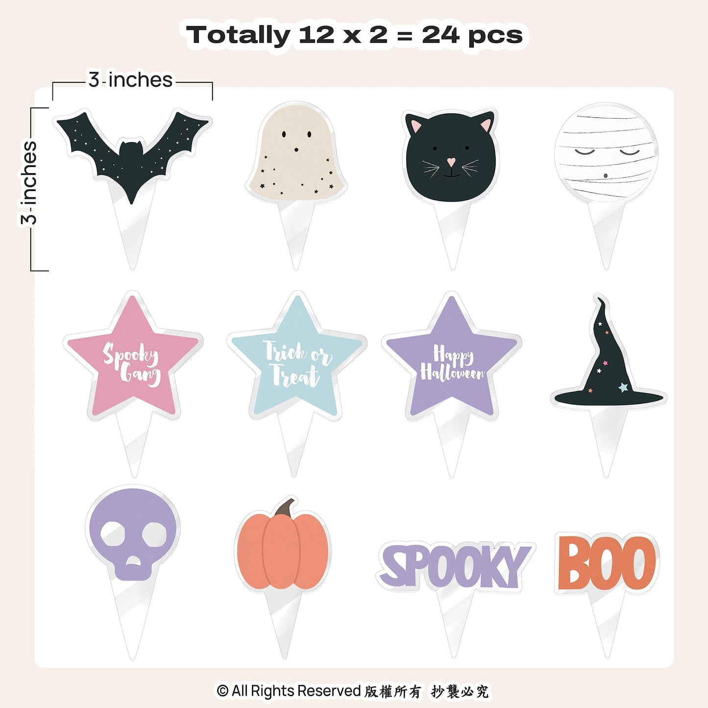 Cheerland Halloween Cupcake Toppers, Plastic, Pastel, 2x2 inches, Cute Pumpkin Ghost Bat Cat Witch Hat Decorations