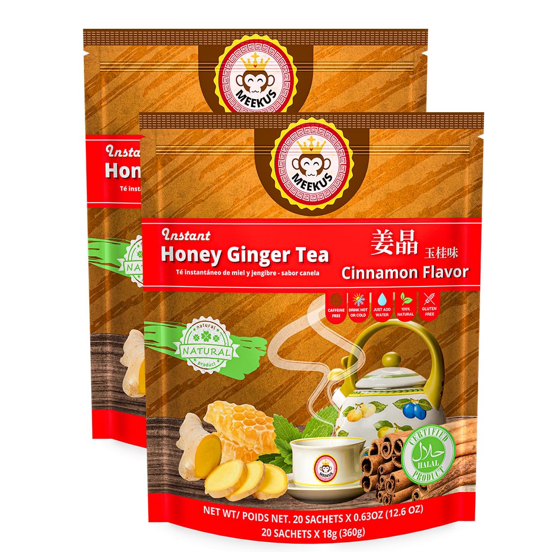 Meekus Ginger Tea With Honey: Premium Tea Bags & Crystals - Instant Packets for Soothing Drink, 18g x 40 Sachets (Cinnamon, 2 Pa