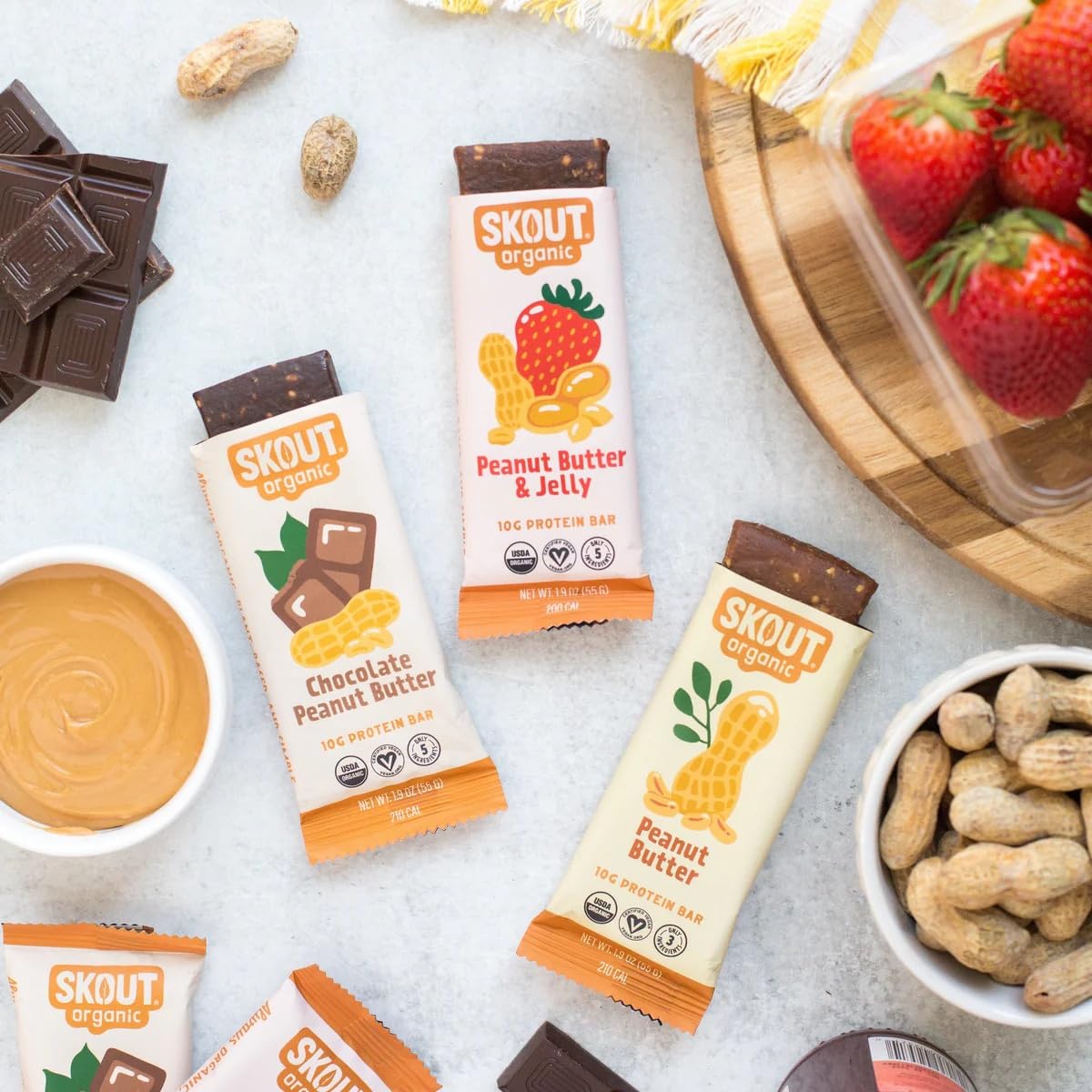Skout Organic Plant-Based Protein Bars Chocolate Peanut Butter (12 Pack) 10G Protein - Vegan Protein Bars - Only 5 Ingredients -