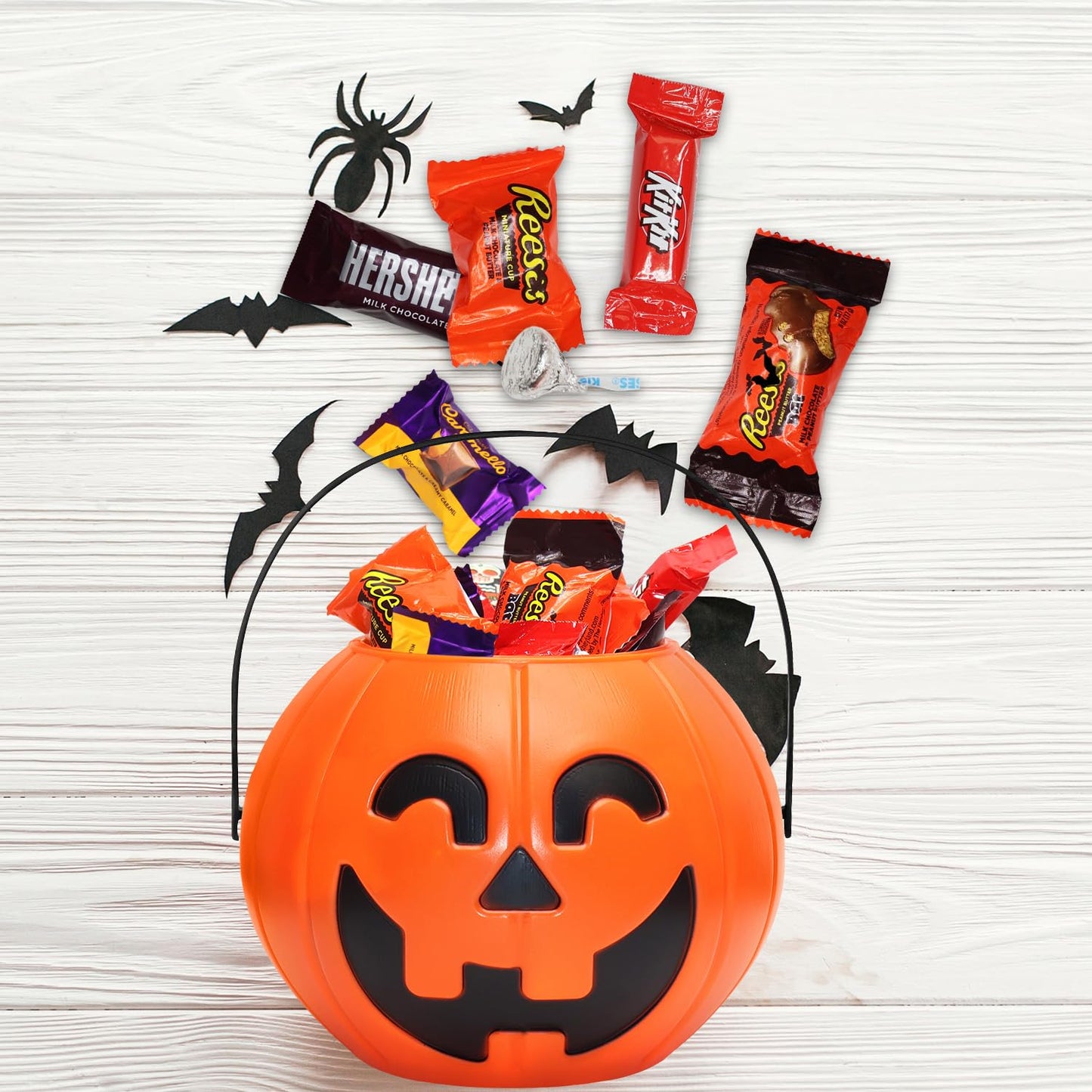 Halloween Candy Gift Basket - Trick Or Treat Pre-Filled Pumpkin Bucket Assorted Individually Wrapped Chocolate Candies Variety For Kids And Mature-Themeds - 20Oz Care Package Gift For College Students & Parties - Taboom