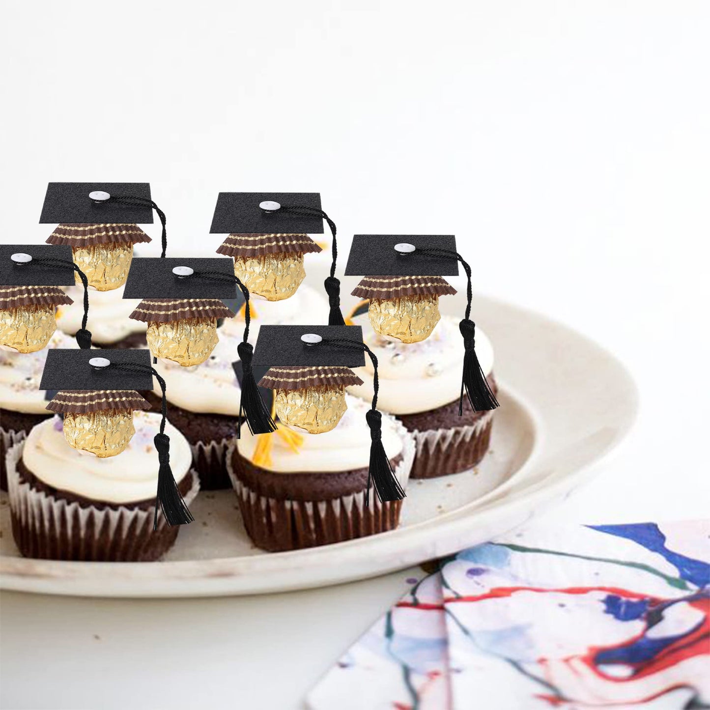 YCTHUNFISH Graduation Cupcake Toppers 48 PCS Paper Black Class of 2024 Decorations