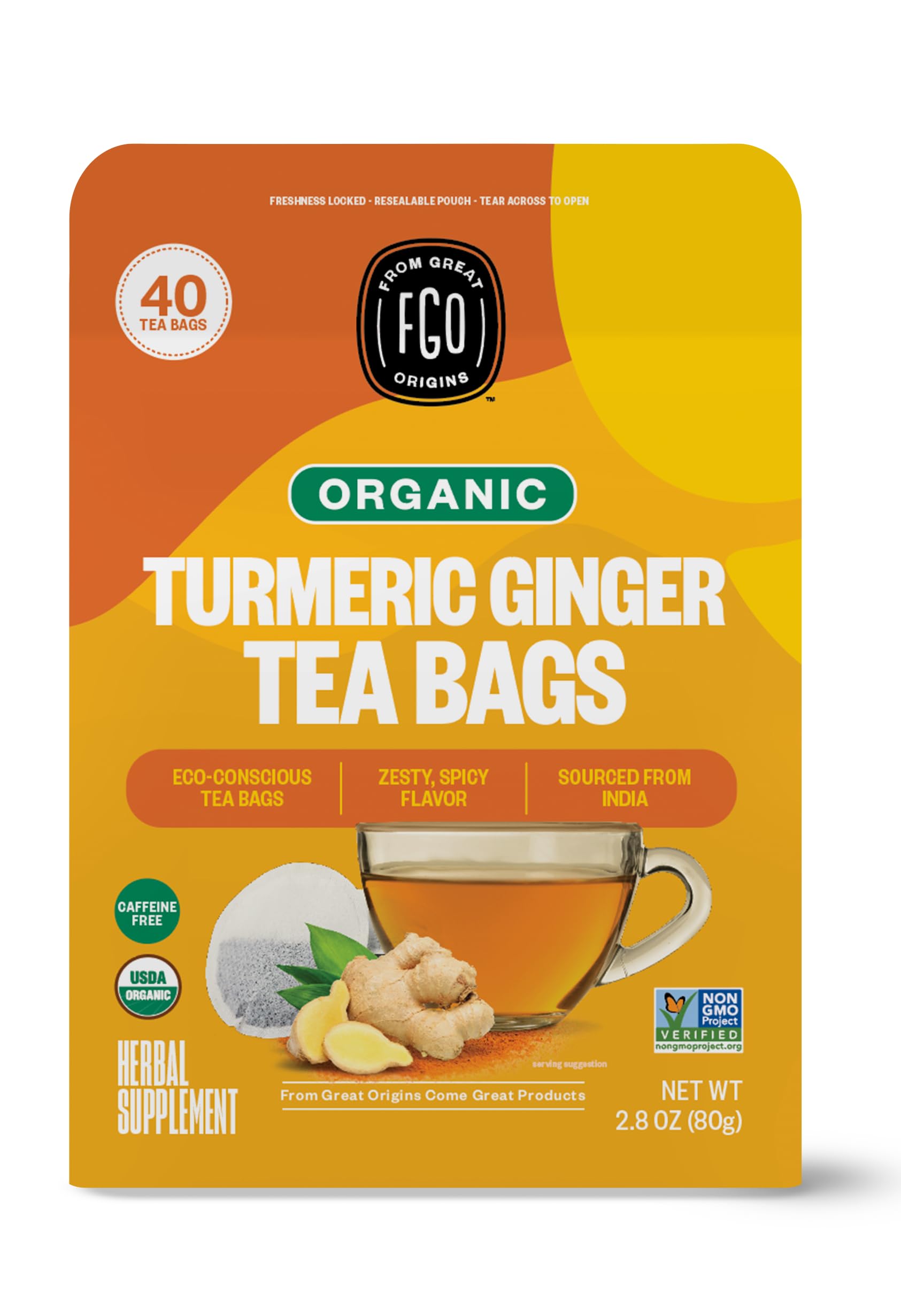 Fgo Organic Turmeric Flavor Blendger Herbal Tea  40 Count  Eco-Conscious Tea Bags  Energy Blend Free (Pack Of 1)