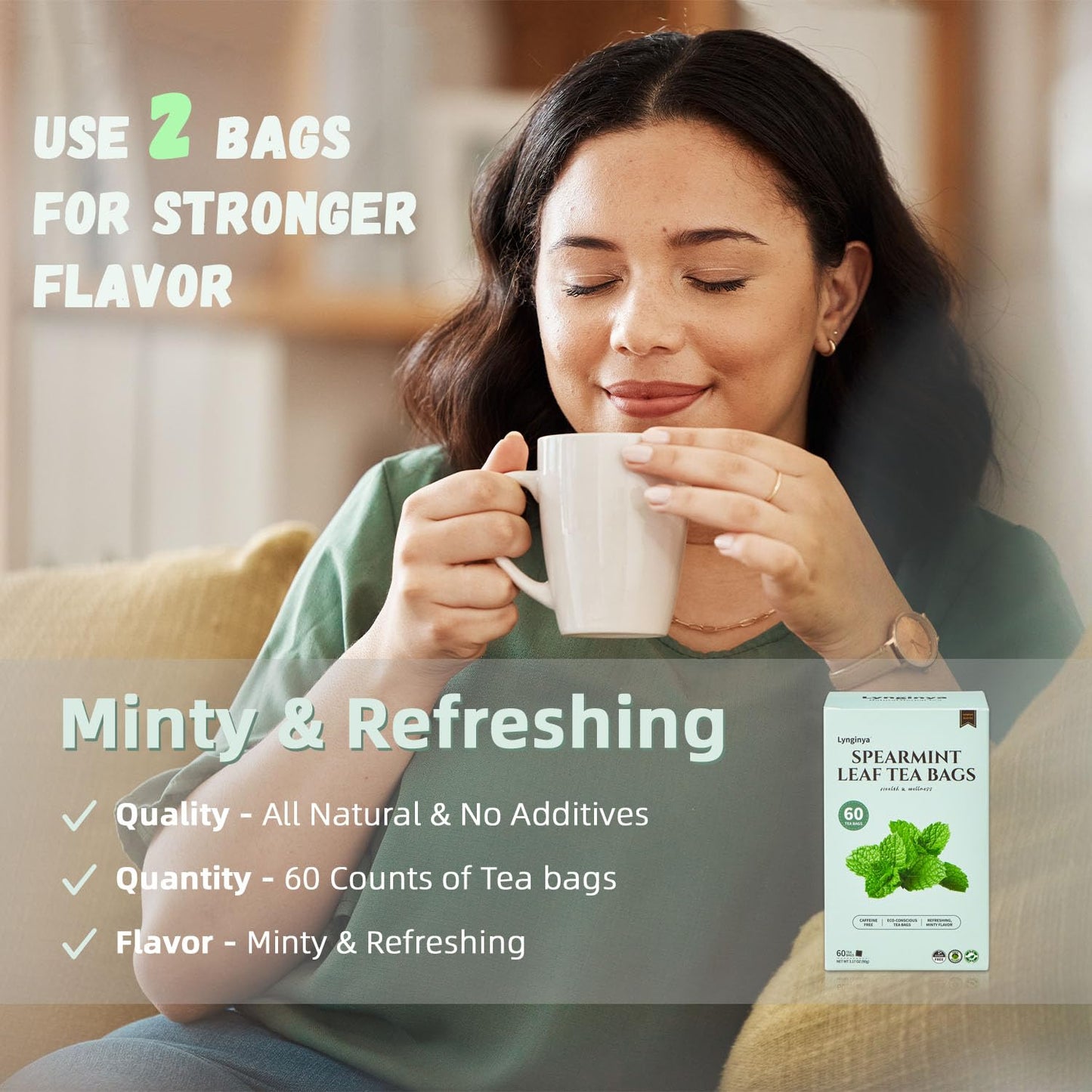 Lynginya Spearmint Tea - Natural Herbal Tea, Refreshing & Minty, 60 Tea Bags, No Sugar, No Caffeine
