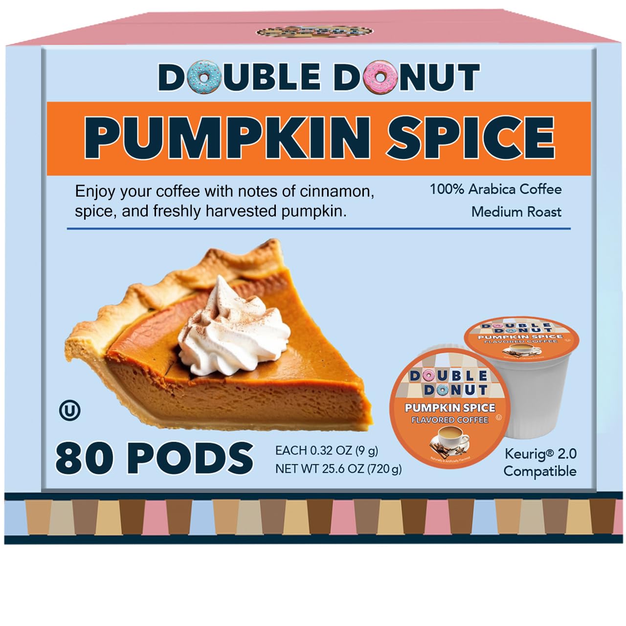 Double Donut Coffee Pumpkin Spice Coffee Pods, Medium Roast, 80 Count, Compatible with Keurig K Cups