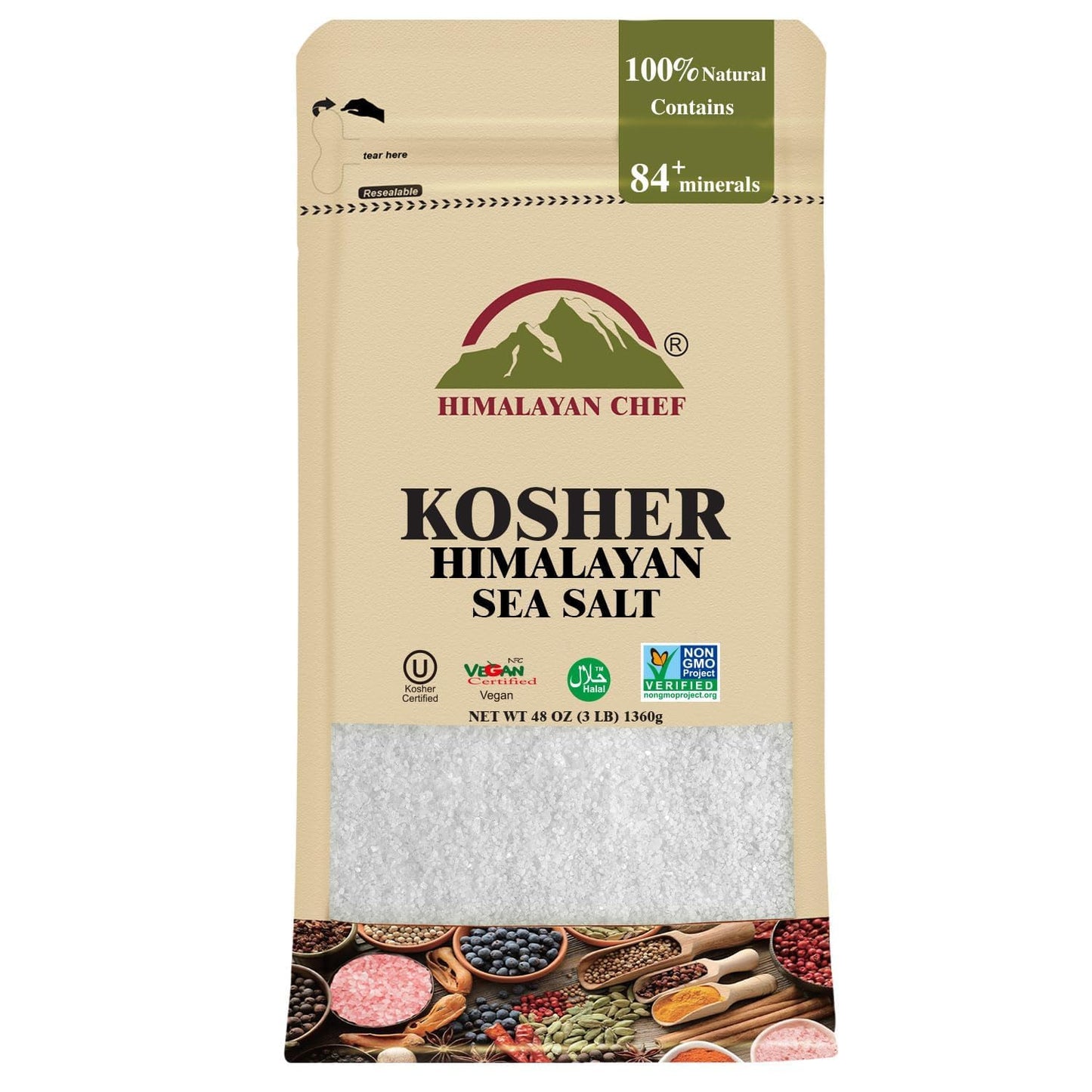 Himalayan Chef Kosher Sea Salt Fine Grain - Delicate Crystals for Culinary Perfection, Non-iodized and all-natural, 48 oz (Pack 
