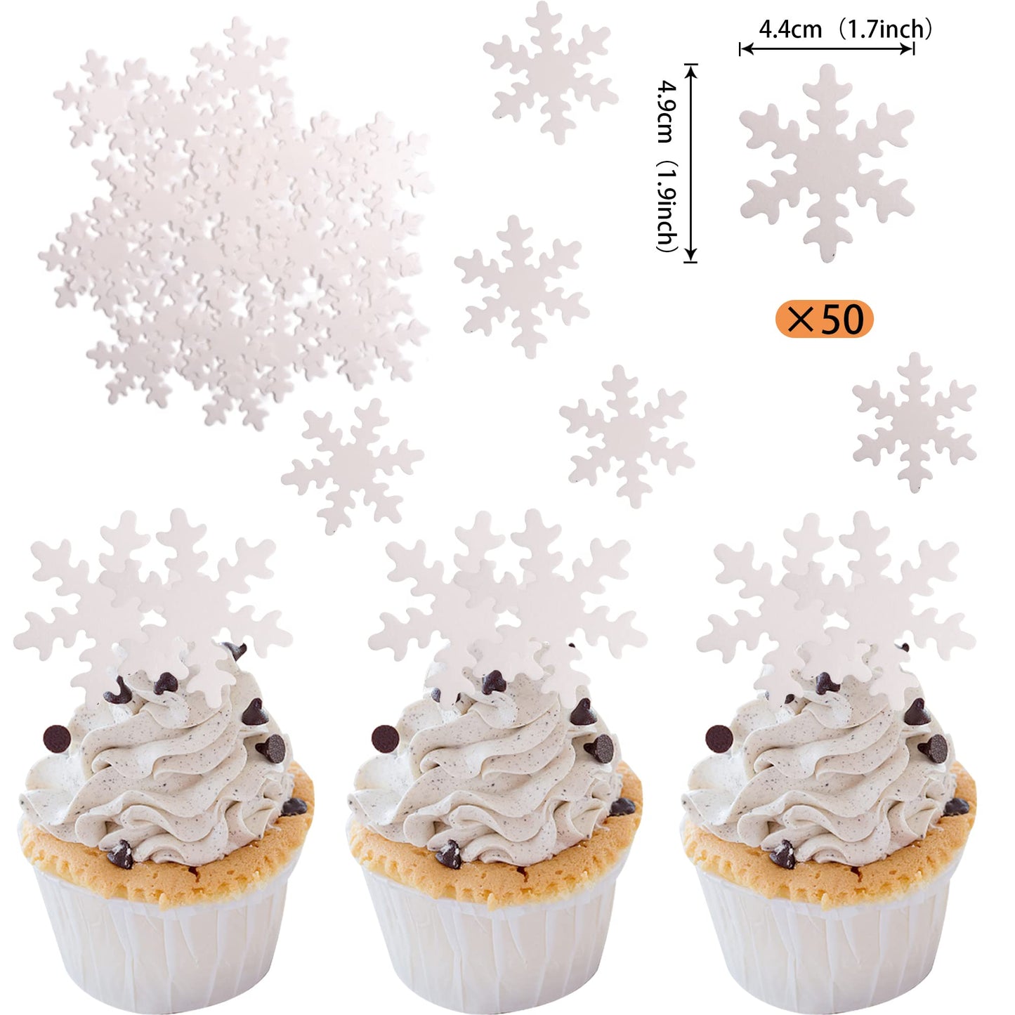 50 PCS White Edible Snowflake Cupcake Toppers Winter Frozen Snowflake Cupcake Picks Rice Paper Snowflake Cake Decorations for Wi