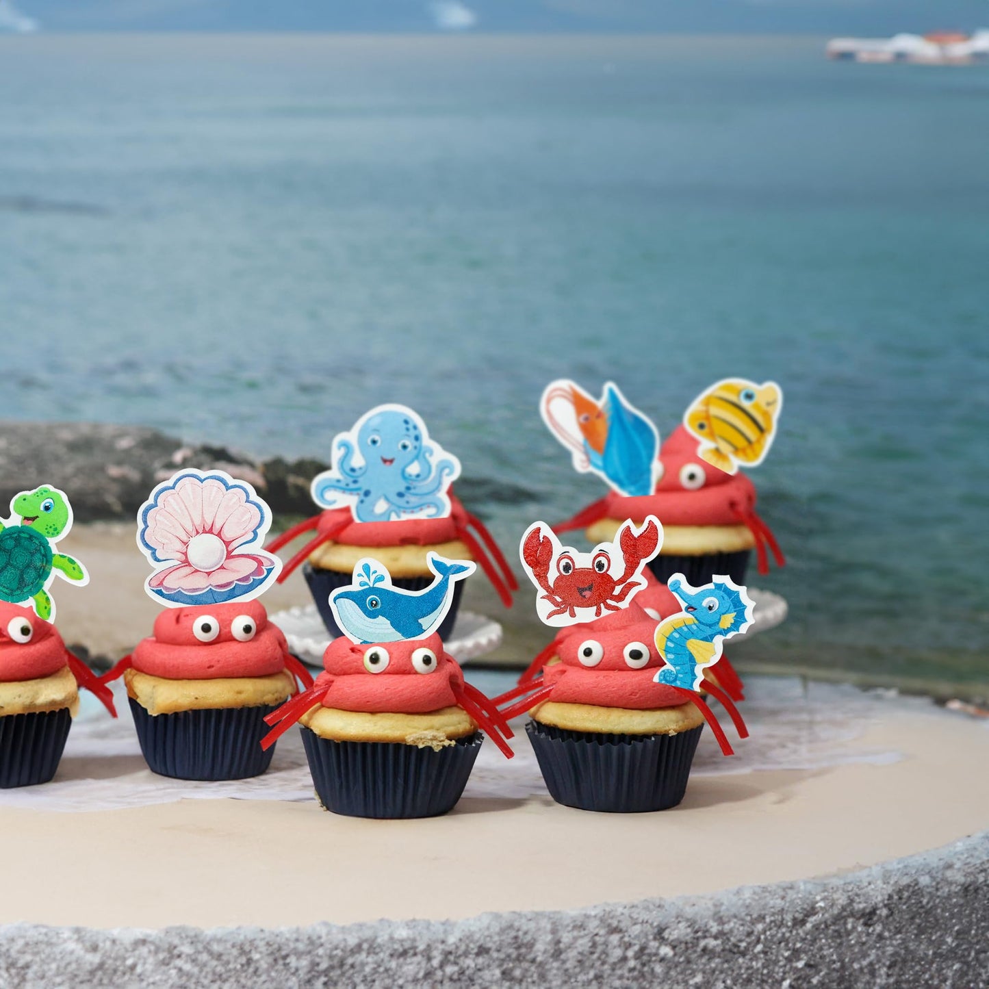 Gyufise 56Pcs Edible Ocean Animal Cupcake Toppers Sea Ocean Theme Birthday Cake Decorations Turtles Octopus Seahorse Cupcake Pic