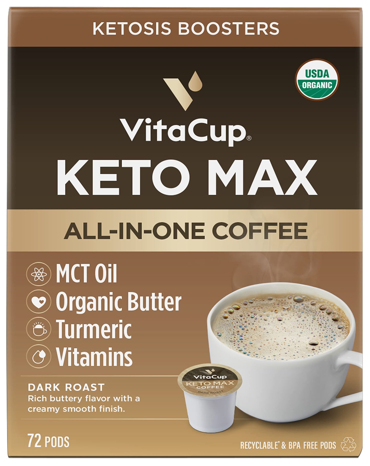 Vitacup Keto Max Dark Roast Coffee Pods, Ketosis & Energy, Butter, Mct Oil, Turmeric, B Vitamins, D3, All-In-One Keto Recyclable Single Serve Pod Compatible W/Keurig K-Cup Malt-Inspired,72 Ct