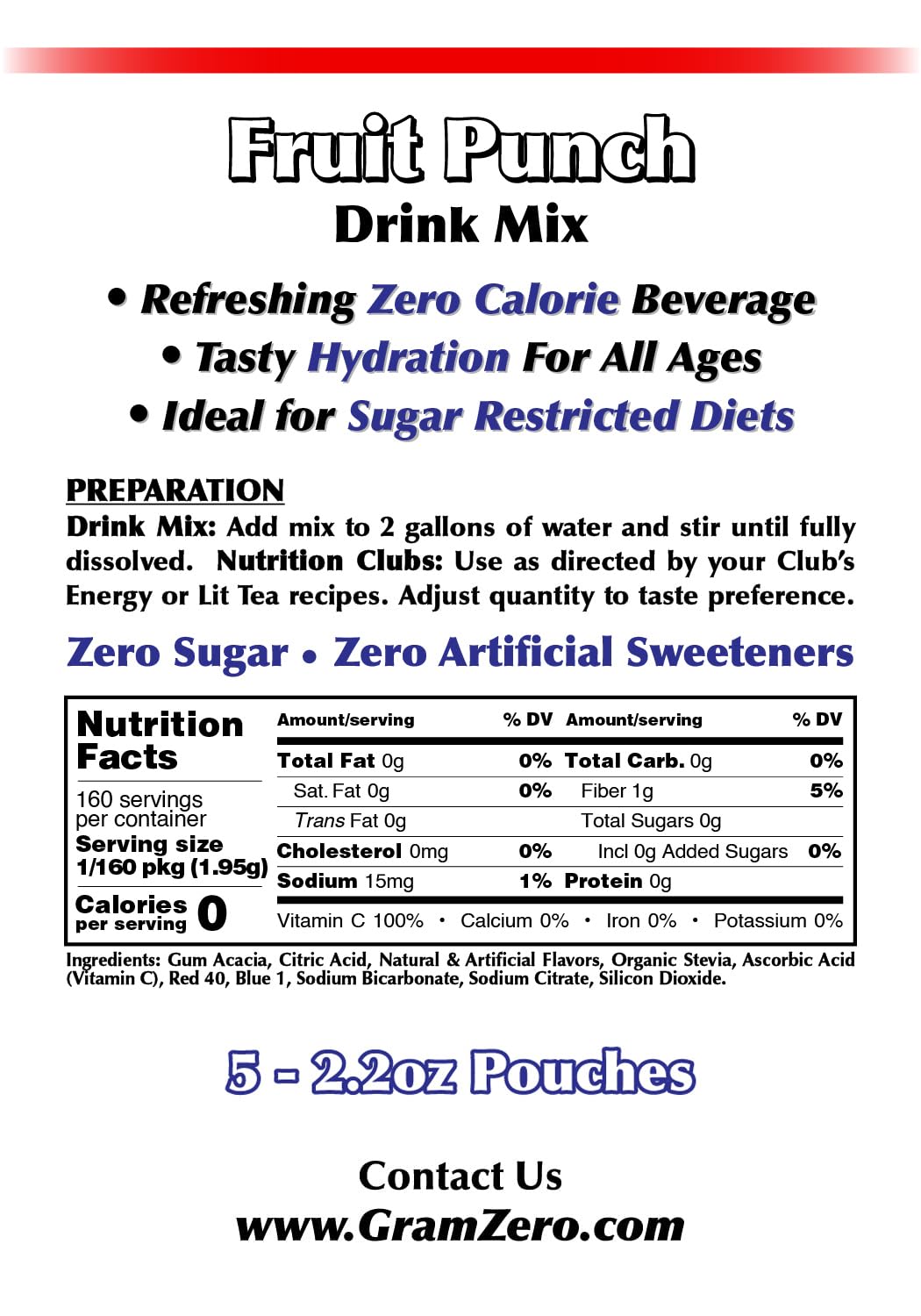 Gramzero Fruit Punch Sugar Free Drink Mix Sports Pack, Great For Nutrition Club Loaded Teas, Zero Calorie, Stevia Sweetened