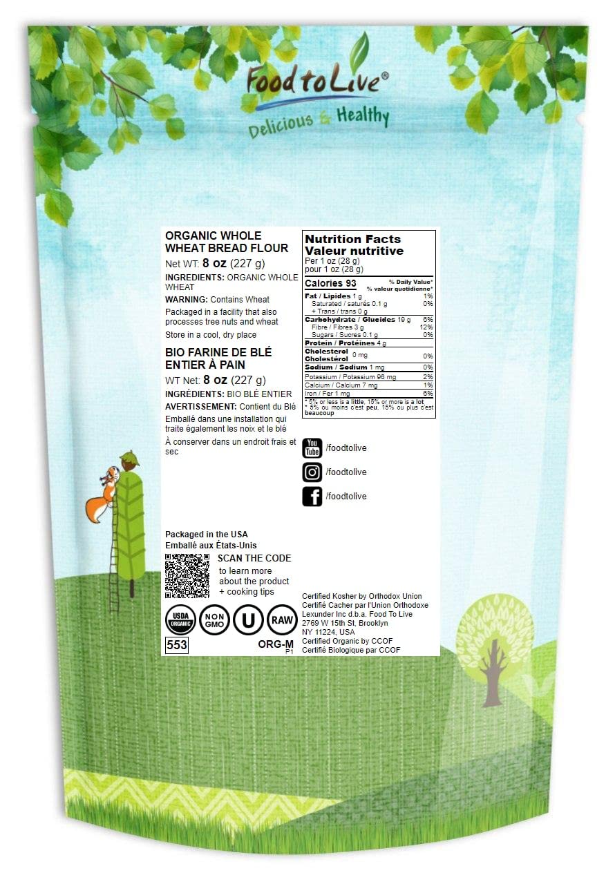 Food To Live Organic Whole Wheat Bread Flour, 8 Ounces - Whole Grain, Unbleached, Non-Gmo, Kosher, Unbromated, Raw, Vegan, Bulk,