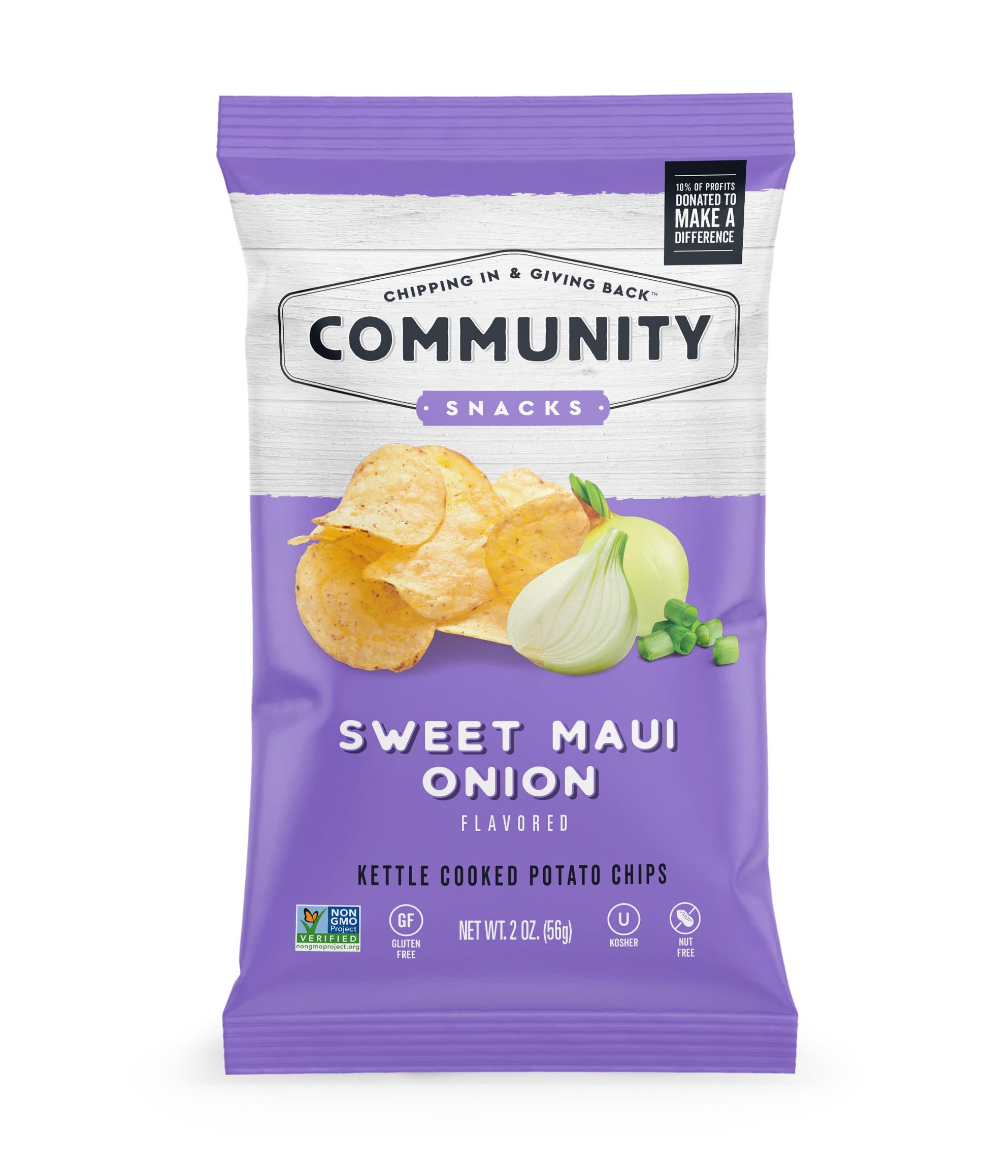 Community Snacks - 25 Count Sweet Maui Onion Flavor Kettle Cooked Potato Chips - 2 Oz Bags - Non-GMO, Gluten-Free, Kosher, Vegan