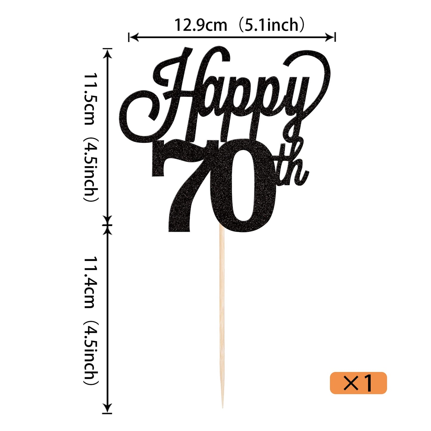 YCTHUNFISH 70th Birthday Cake Topper Black Glitter Bamboo Decorations for 70 Years Old Party Supplies