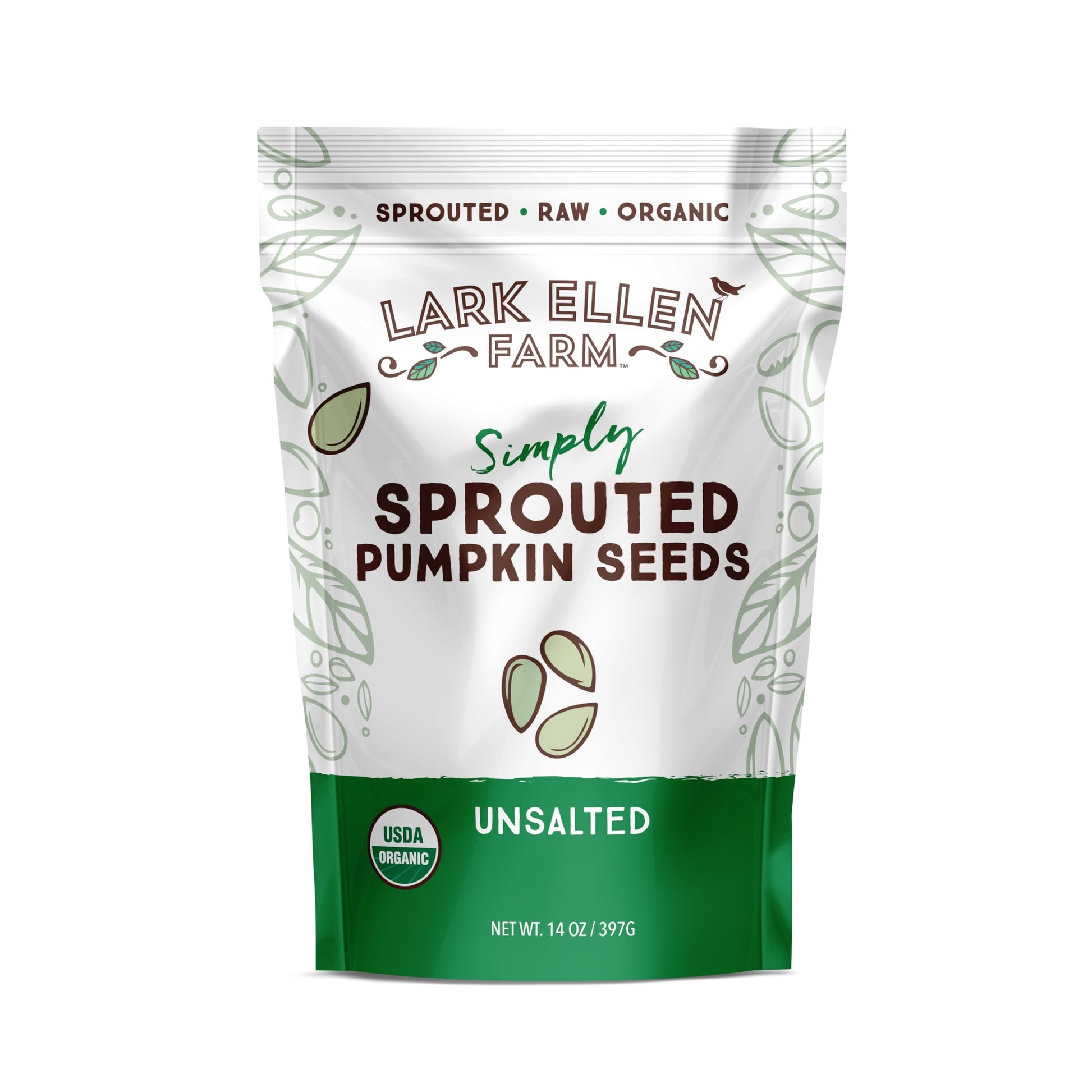 Lark Ellen Farm Sprouted Organic Pumpkin Seeds, Raw & Unsalted, 14 oz, Non-GMO, Vegan, Gluten-Free, Resealable Bag